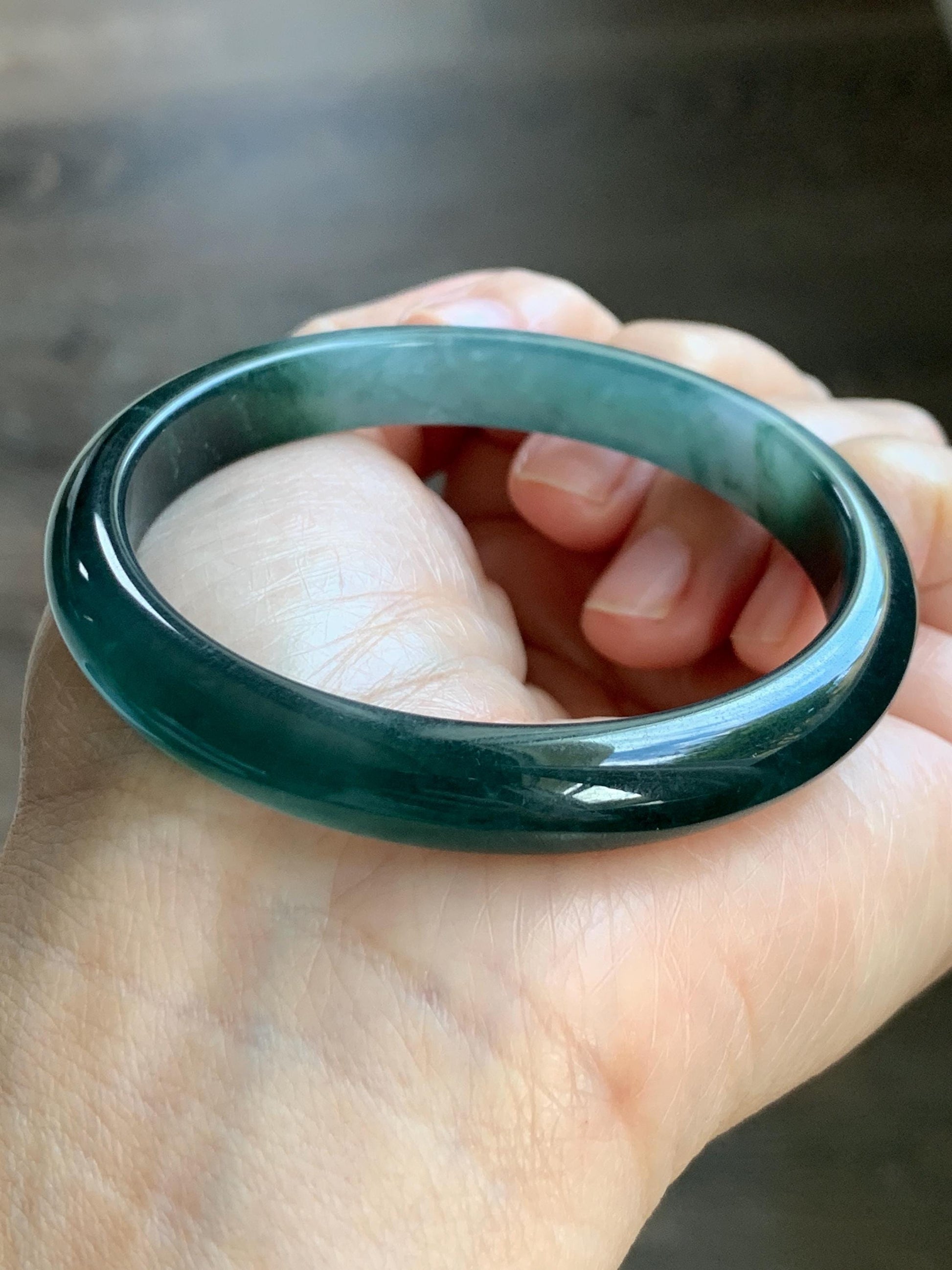 Certified Natural Grade A Guatemalan Icy Translucent Dark Teal Green Jade Jadeite Wide Bangle 56.63mm 7” 32g 天然冰危深蓝绿翡翠正圈宽版手镯 1189