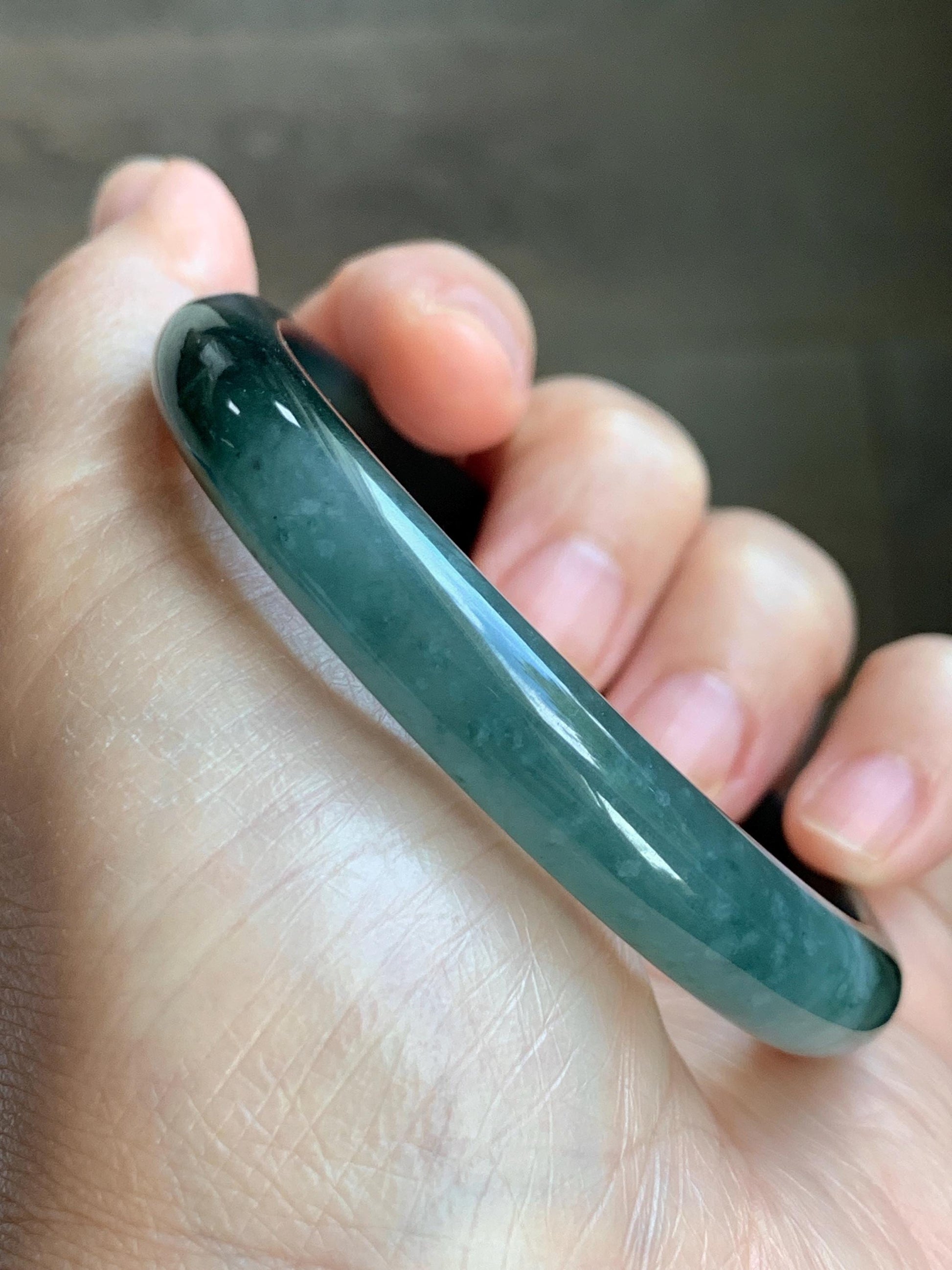 Certified Natural Grade A Guatemalan Icy Translucent Dark Teal Green Jade Jadeite Wide Bangle 56.63mm 7” 32g 天然冰危深蓝绿翡翠正圈宽版手镯 1189
