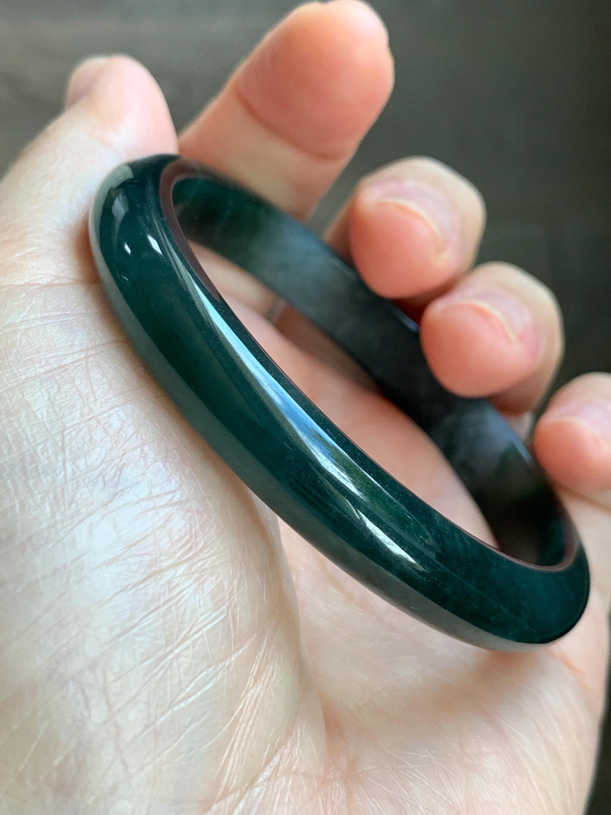 Certified Natural Grade A Guatemalan Icy Translucent Dark Teal Green Jade Jadeite Wide Bangle 56.63mm 7” 32g 天然冰危深蓝绿翡翠正圈宽版手镯 1189