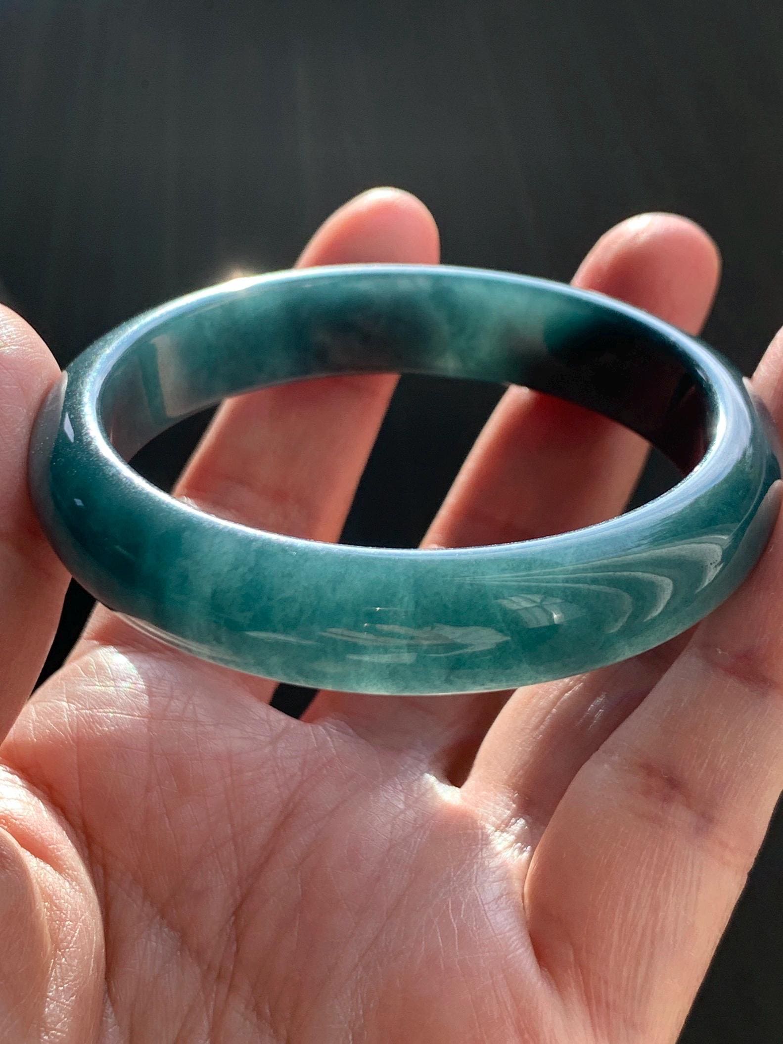 Certified Natural Grade A Guatemalan Icy Translucent Dark Teal Blue Jade Jadeite Wide Bangle 54.47mm 6.73” 44g 天然冰危蓝绿翡翠正圈宽版手镯 1228