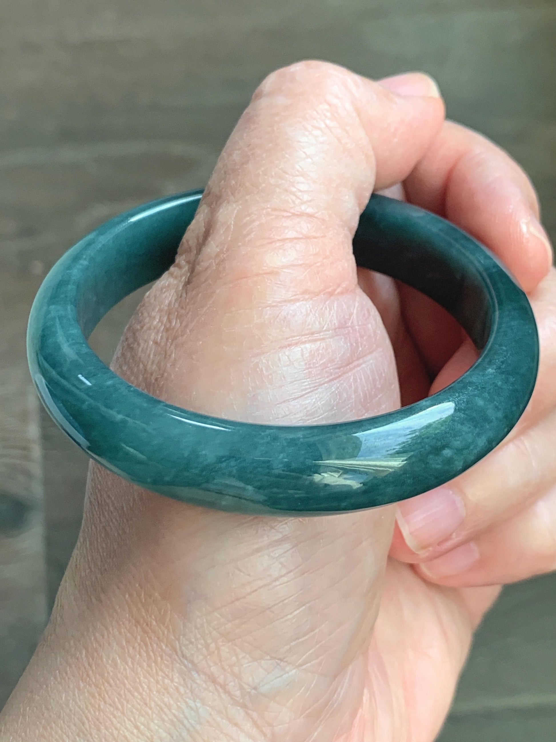 Certified Natural Grade A Guatemalan Icy Translucent Dark Teal Blue Jade Jadeite Wide Bangle 54.47mm 6.73” 44g 天然冰危蓝绿翡翠正圈宽版手镯 1228