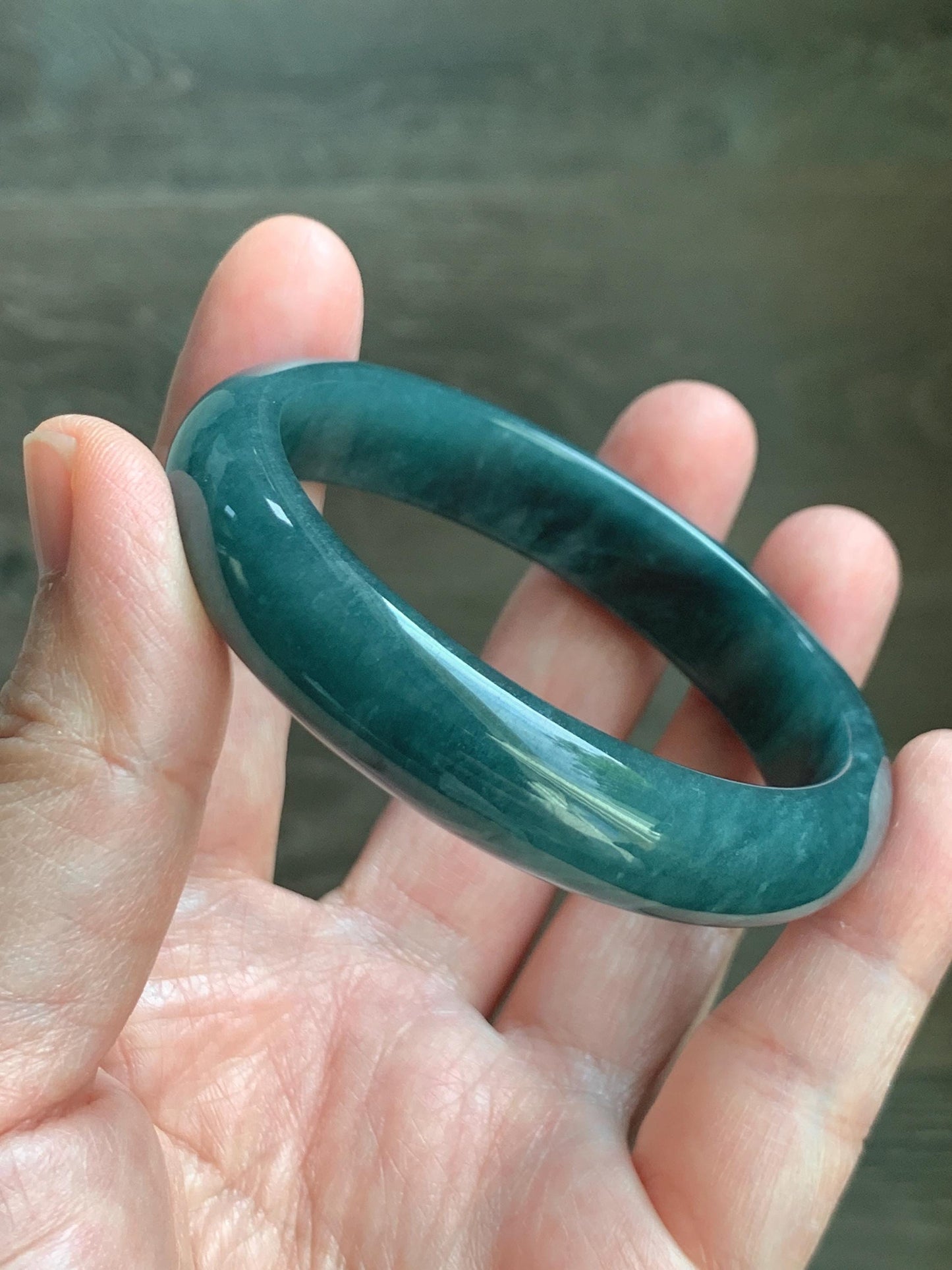 Certified Natural Grade A Guatemalan Icy Translucent Dark Teal Blue Jade Jadeite Wide Bangle 54.47mm 6.73” 44g 天然冰危蓝绿翡翠正圈宽版手镯 1228