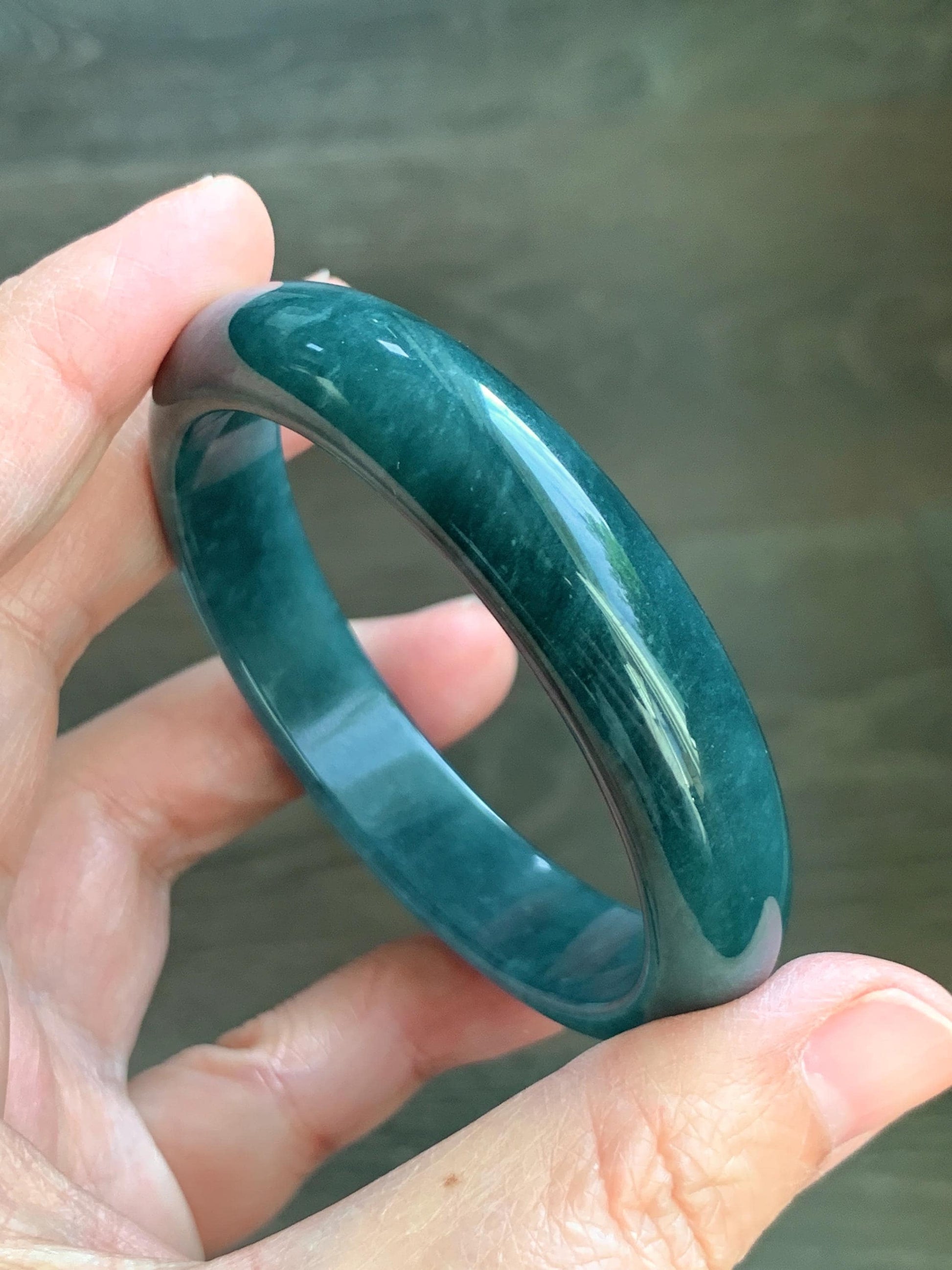 Certified Natural Grade A Guatemalan Icy Translucent Dark Teal Blue Jade Jadeite Wide Bangle 54.47mm 6.73” 44g 天然冰危蓝绿翡翠正圈宽版手镯 1228