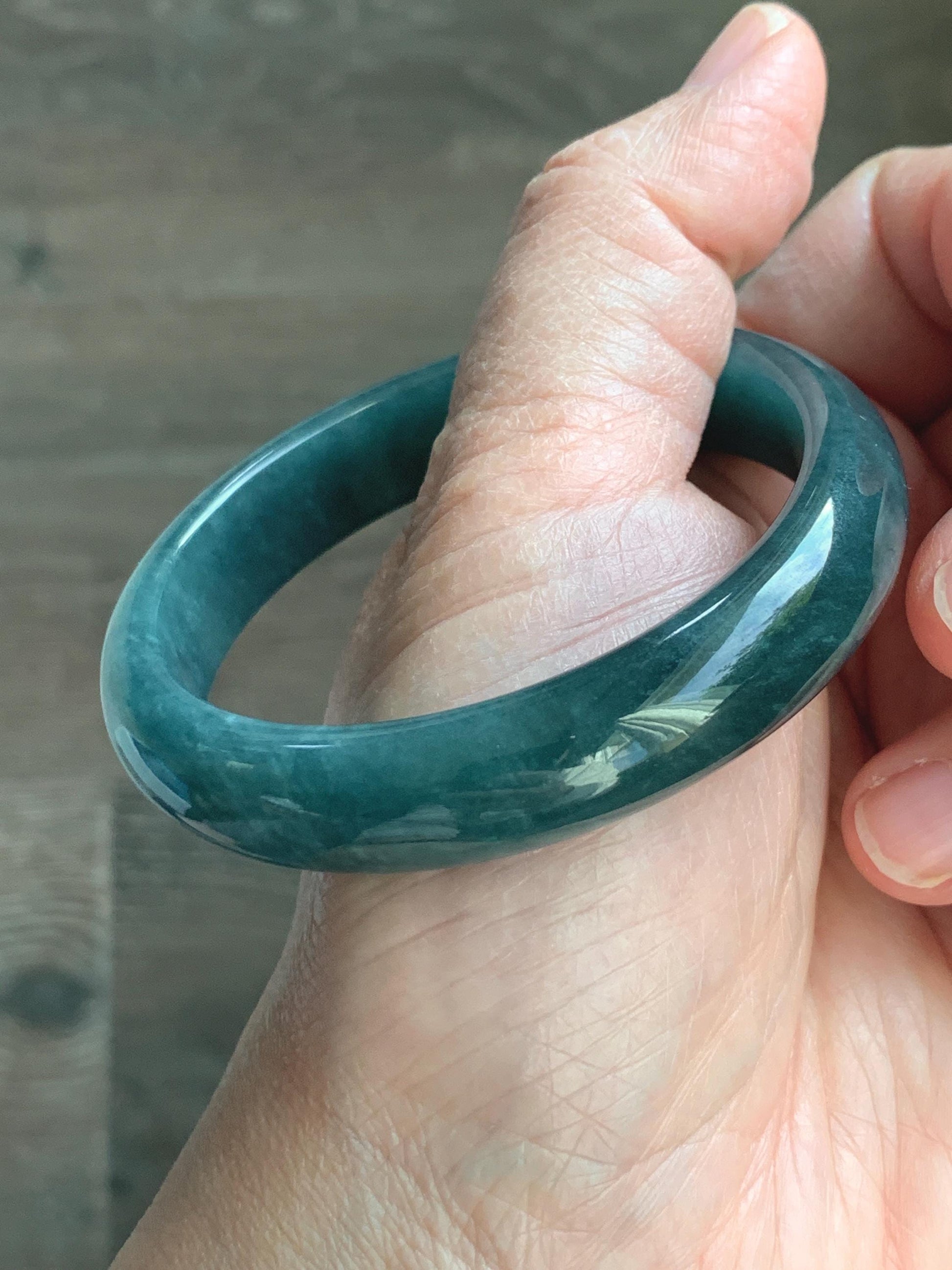 Certified Natural Grade A Guatemalan Icy Translucent Dark Teal Blue Jade Jadeite Wide Bangle 54.47mm 6.73” 44g 天然冰危蓝绿翡翠正圈宽版手镯 1228
