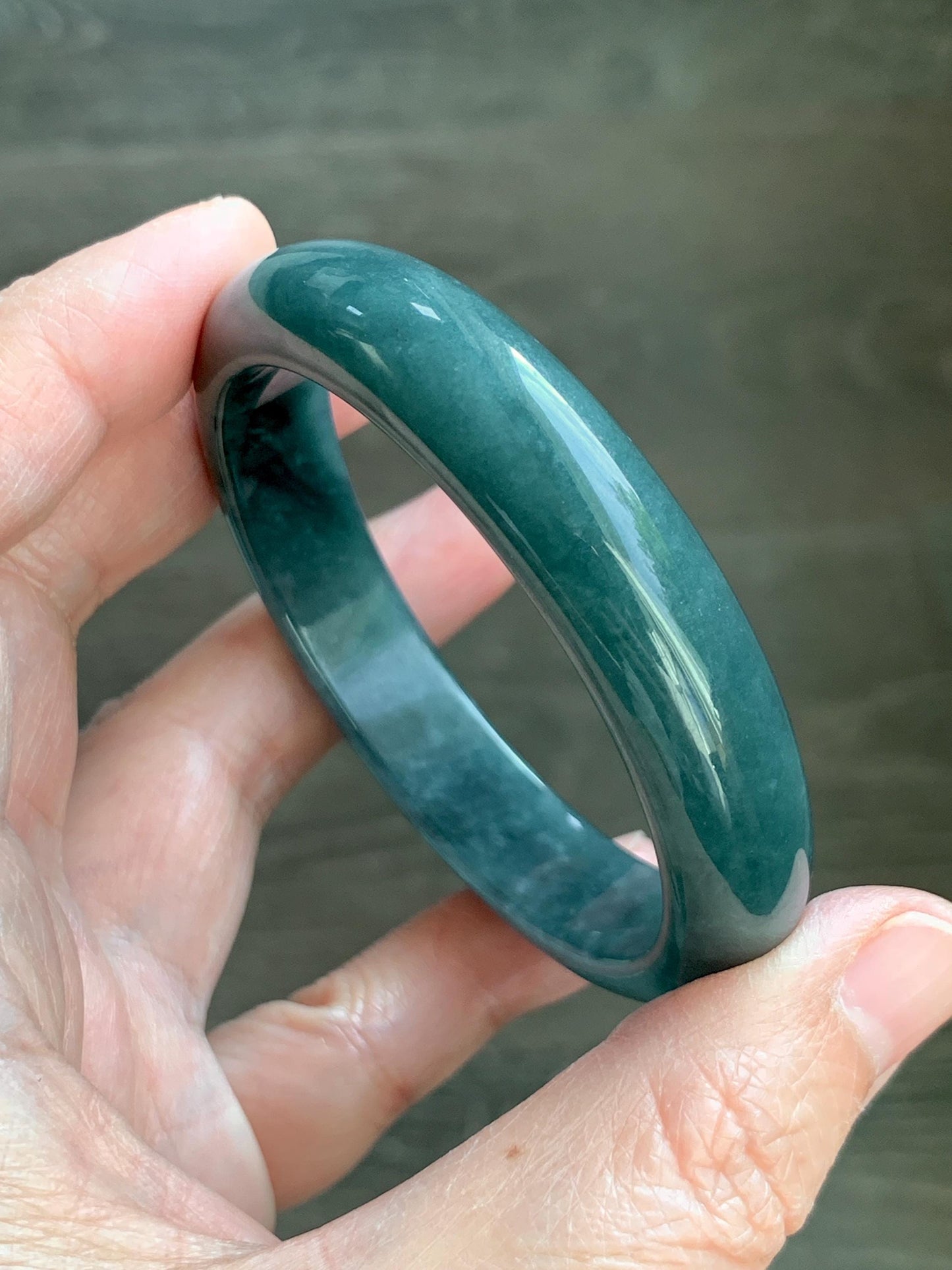 Certified Natural Grade A Guatemalan Icy Translucent Dark Teal Blue Jade Jadeite Wide Bangle 54.47mm 6.73” 44g 天然冰危蓝绿翡翠正圈宽版手镯 1228