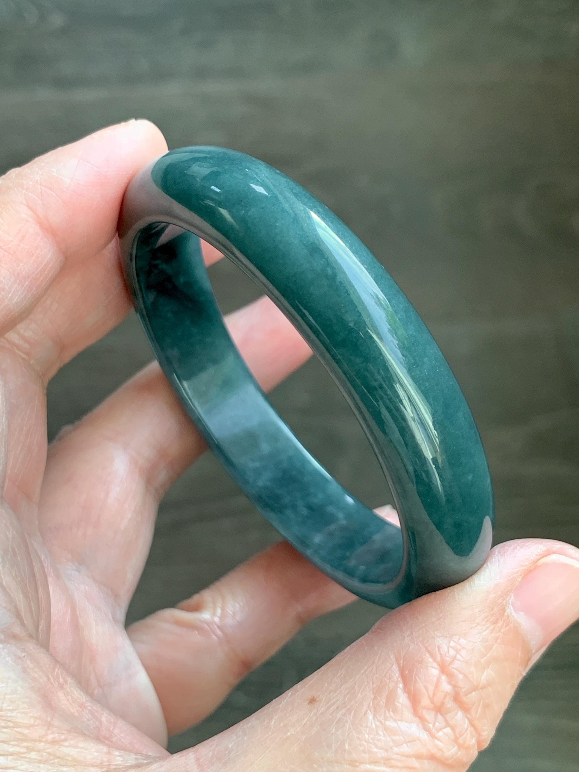 Certified Natural Grade A Guatemalan Icy Translucent Dark Teal Blue Jade Jadeite Wide Bangle 54.47mm 6.73” 44g 天然冰危蓝绿翡翠正圈宽版手镯 1228