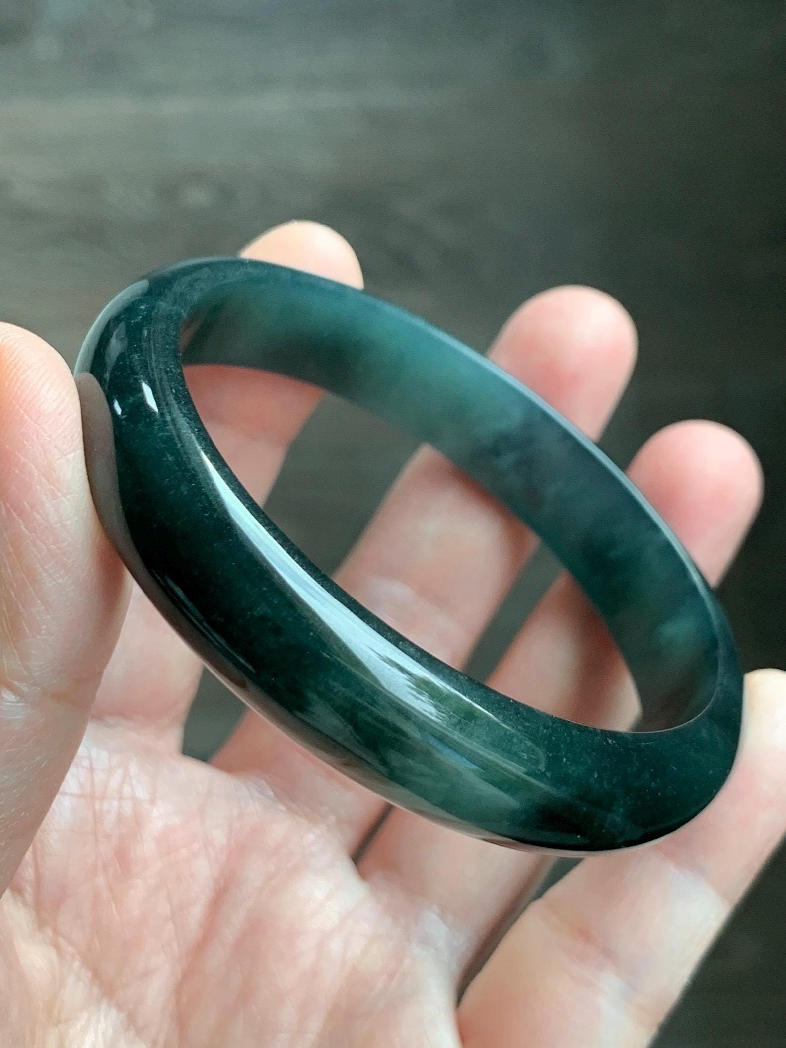 Certified Natural Grade A Guatemalan Icy Translucent Dark Teal Green Jade Jadeite Wide Bangle 57.81mm 7.15” 41g 天然冰危深蓝绿翡翠正圈宽版手镯 1203