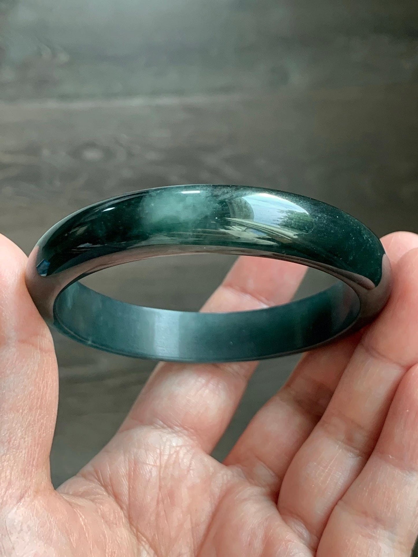 Certified Natural Grade A Guatemalan Icy Translucent Dark Teal Green Jade Jadeite Wide Bangle 57.81mm 7.15” 41g 天然冰危深蓝绿翡翠正圈宽版手镯 1203