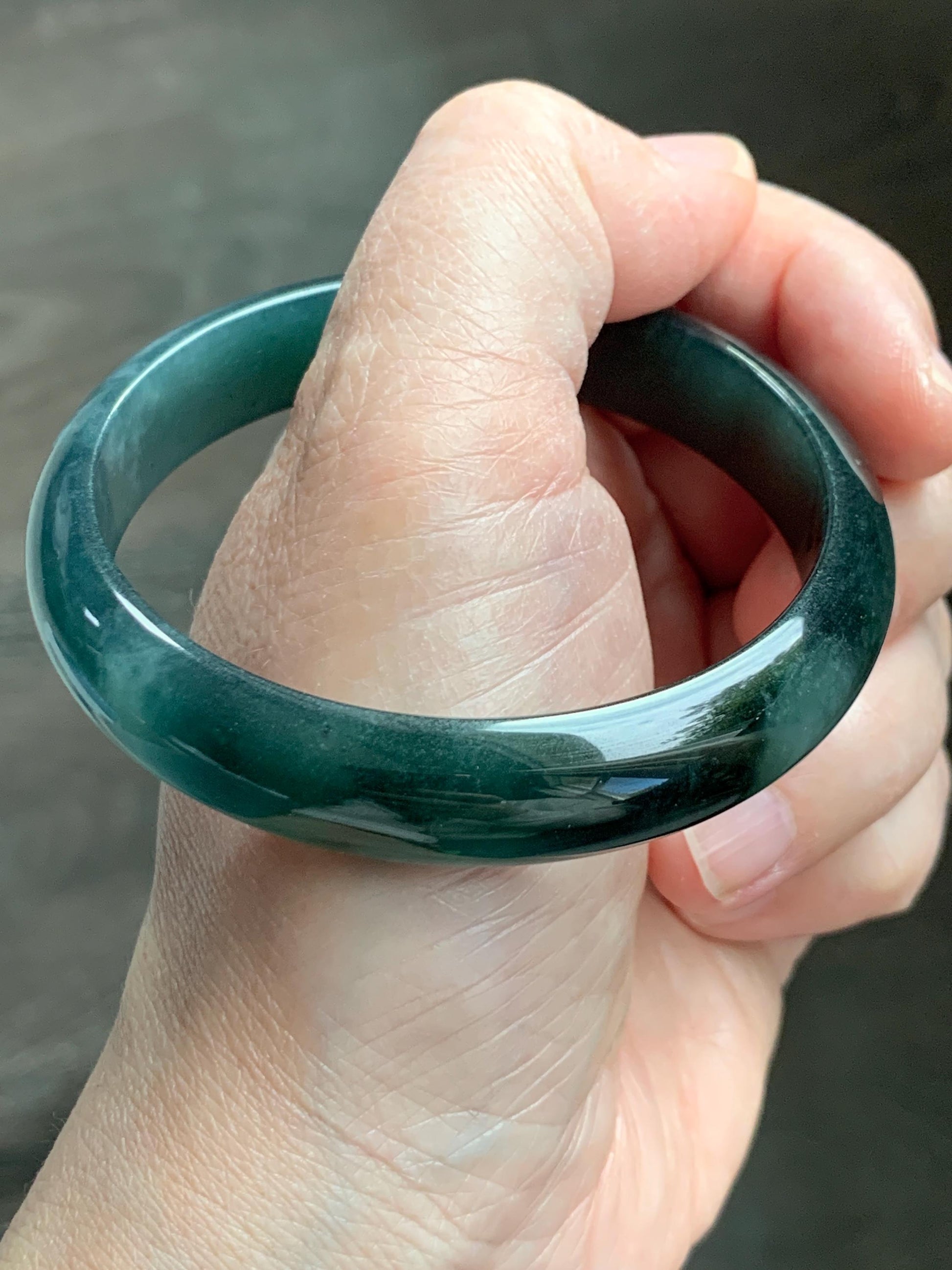 Certified Natural Grade A Guatemalan Icy Translucent Dark Teal Green Jade Jadeite Wide Bangle 57.81mm 7.15” 41g 天然冰危深蓝绿翡翠正圈宽版手镯 1203