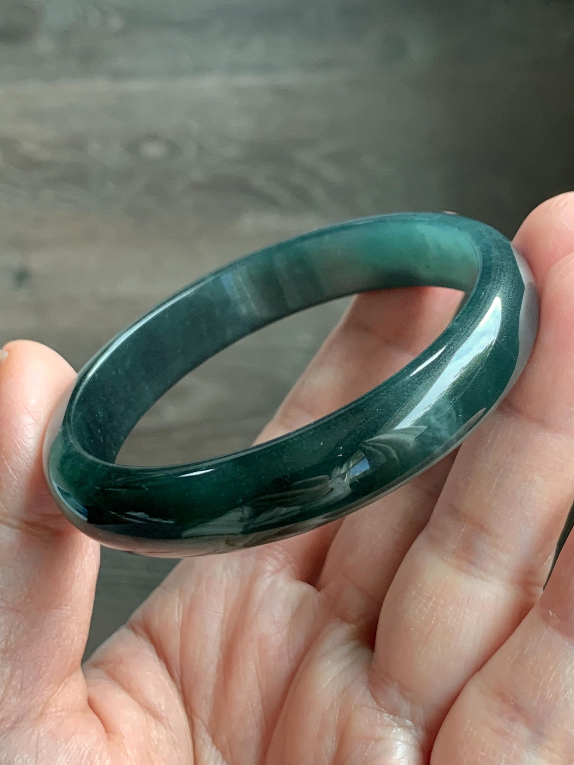 Certified Natural Grade A Guatemalan Icy Translucent Dark Teal Green Jade Jadeite Wide Bangle 57.81mm 7.15” 41g 天然冰危深蓝绿翡翠正圈宽版手镯 1203