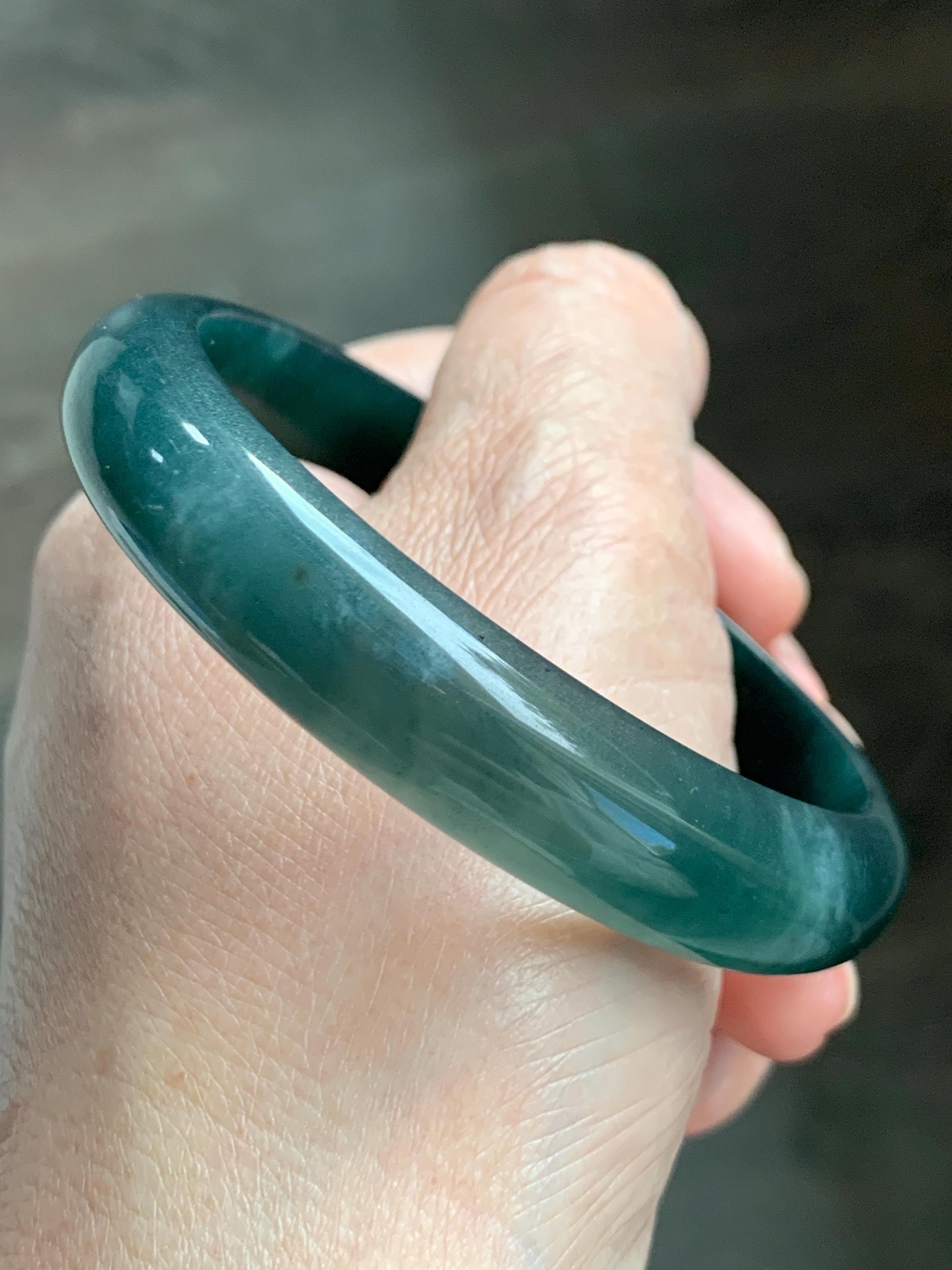 Certified Natural Grade A Guatemalan Icy Translucent Dark Teal Green Jade Jadeite Wide Bangle 57.81mm 7.15” 41g 天然冰危深蓝绿翡翠正圈宽版手镯 1203