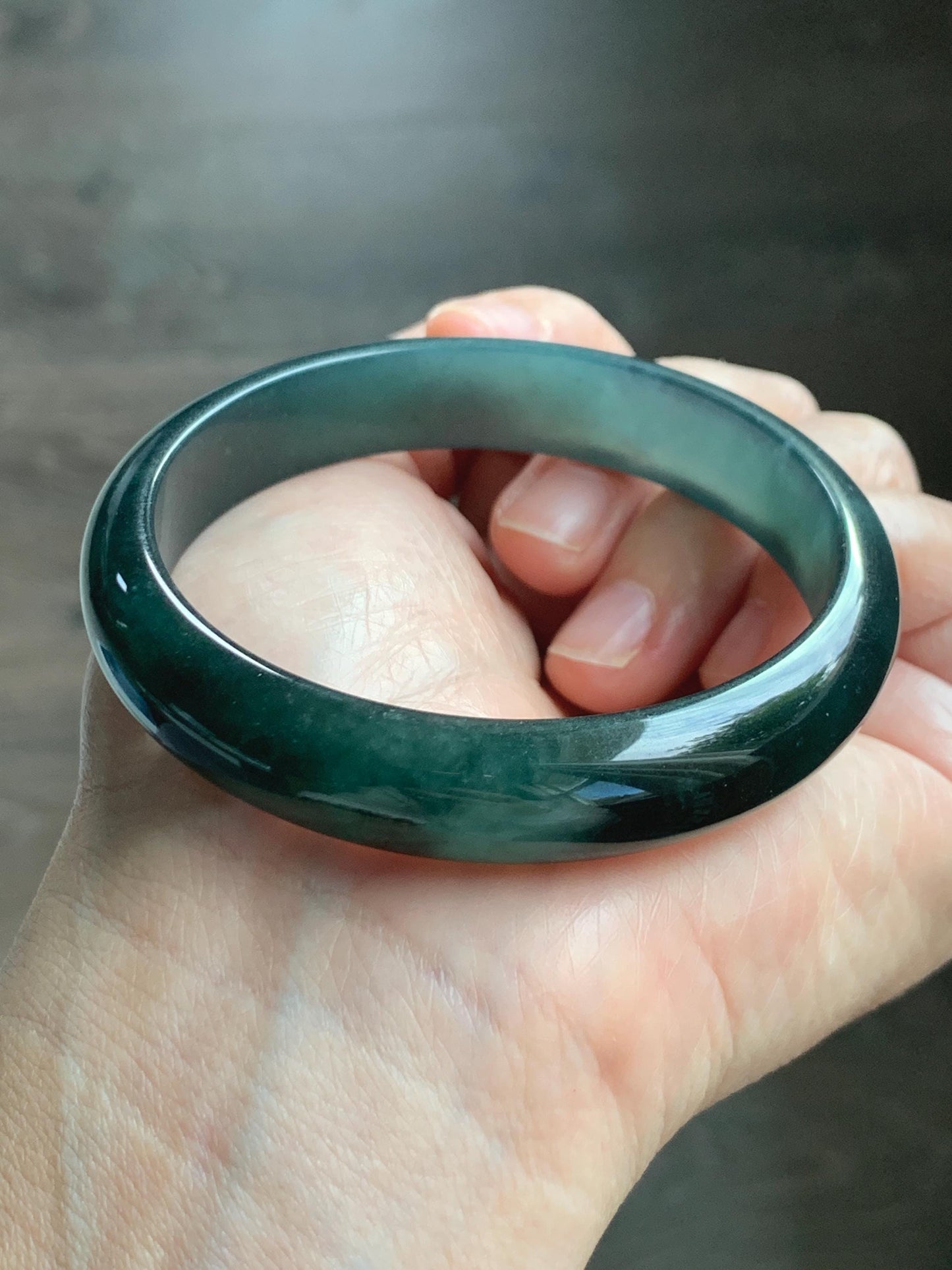 Certified Natural Grade A Guatemalan Icy Translucent Dark Teal Green Jade Jadeite Wide Bangle 57.81mm 7.15” 41g 天然冰危深蓝绿翡翠正圈宽版手镯 1203