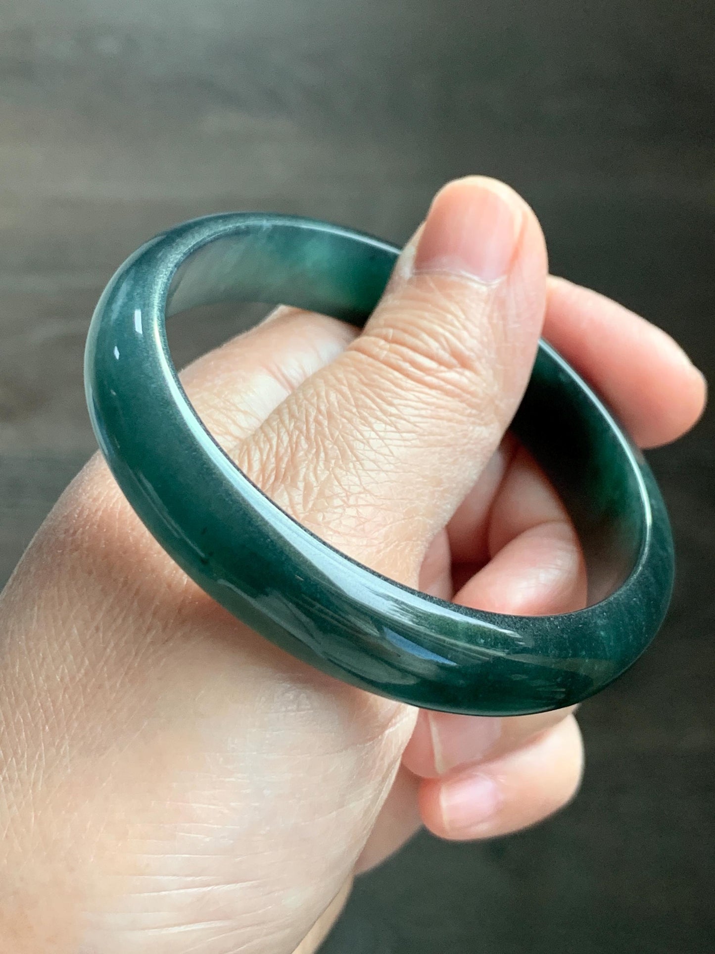 Certified Natural Grade A Guatemalan Icy Translucent Dark Teal Green Jade Jadeite Wide Bangle 57.81mm 7.15” 41g 天然冰危深蓝绿翡翠正圈宽版手镯 1203