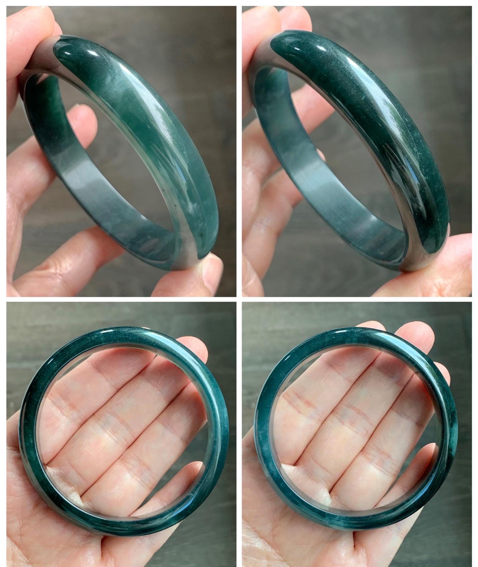 Certified Natural Grade A Guatemalan Icy Translucent Dark Teal Green Jade Jadeite Wide Bangle 57.81mm 7.15” 41g 天然冰危深蓝绿翡翠正圈宽版手镯 1203