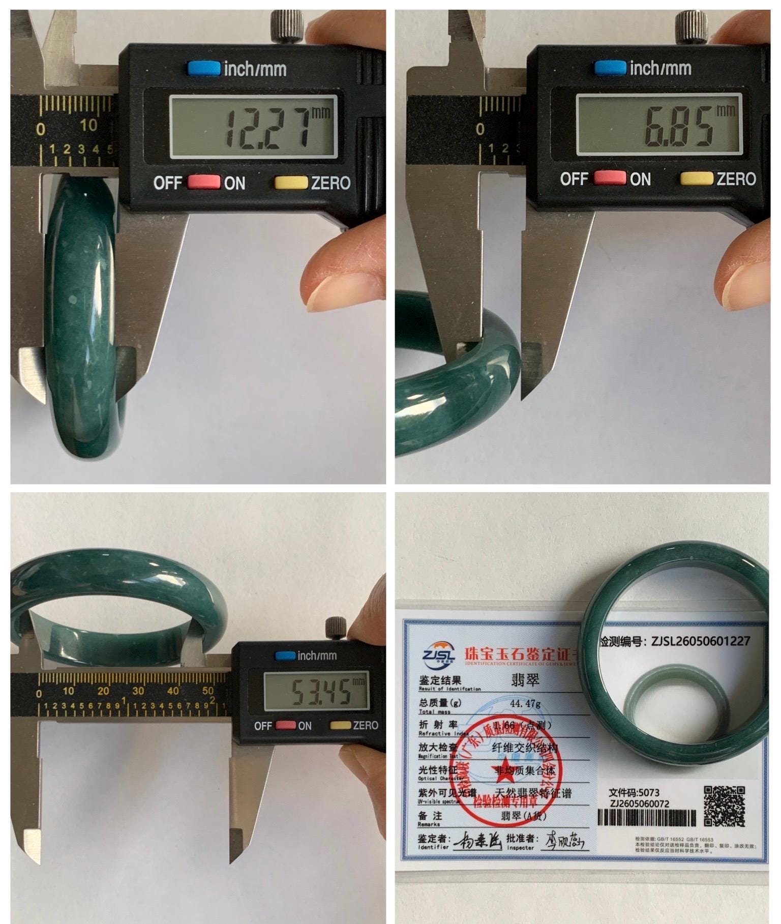 Certified Natural Grade A Guatemalan Icy Translucent Dark Teal Blue Jade Jadeite Wide Bangle 53.45 6.6” 44.5g 天然冰危蓝绿翡翠正圈宽版手镯 1227