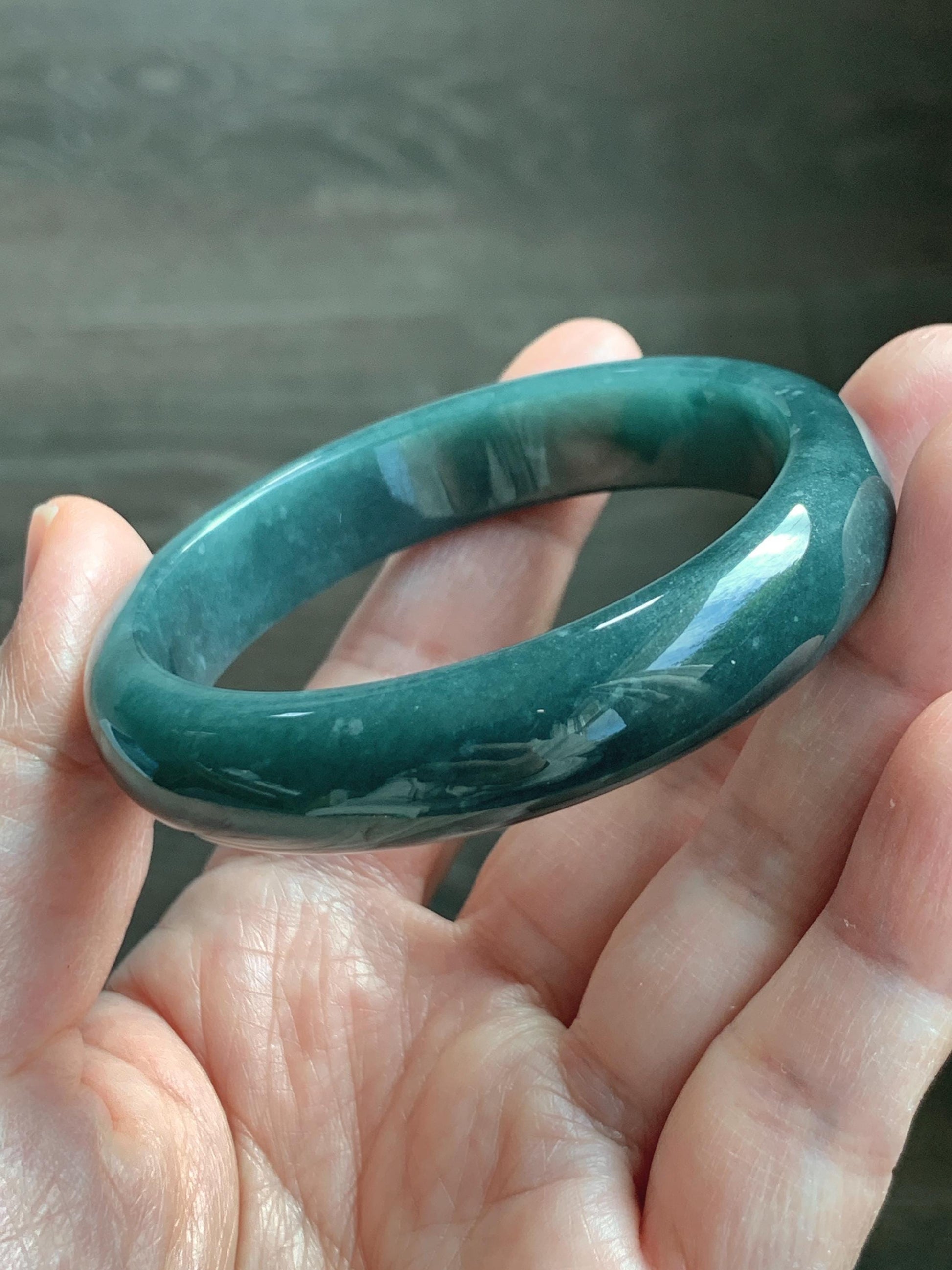 Certified Natural Grade A Guatemalan Icy Translucent Dark Teal Blue Jade Jadeite Wide Bangle 53.45 6.6” 44.5g 天然冰危蓝绿翡翠正圈宽版手镯 1227