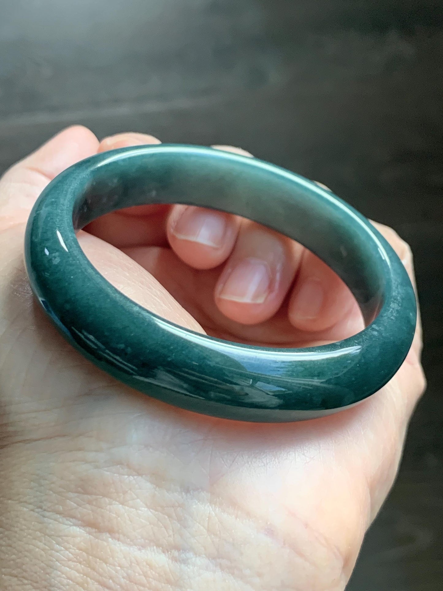 Certified Natural Grade A Guatemalan Icy Translucent Dark Teal Blue Jade Jadeite Wide Bangle 53.45 6.6” 44.5g 天然冰危蓝绿翡翠正圈宽版手镯 1227