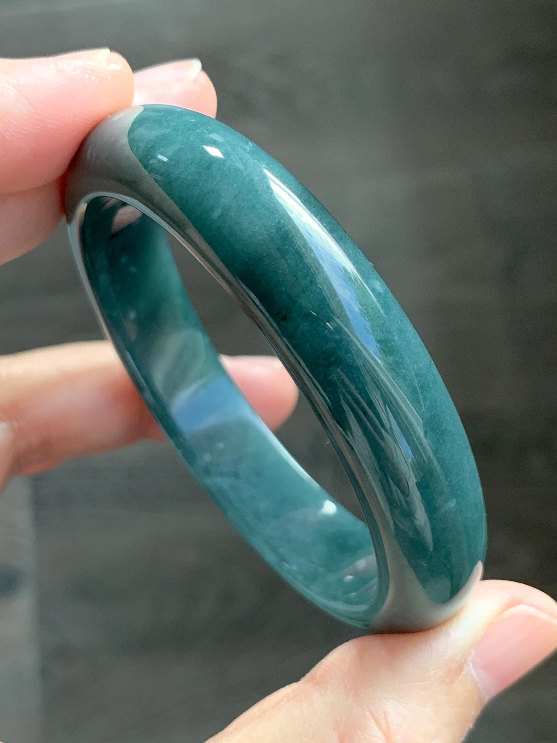 Certified Natural Grade A Guatemalan Icy Translucent Dark Teal Blue Jade Jadeite Wide Bangle 53.45 6.6” 44.5g 天然冰危蓝绿翡翠正圈宽版手镯 1227