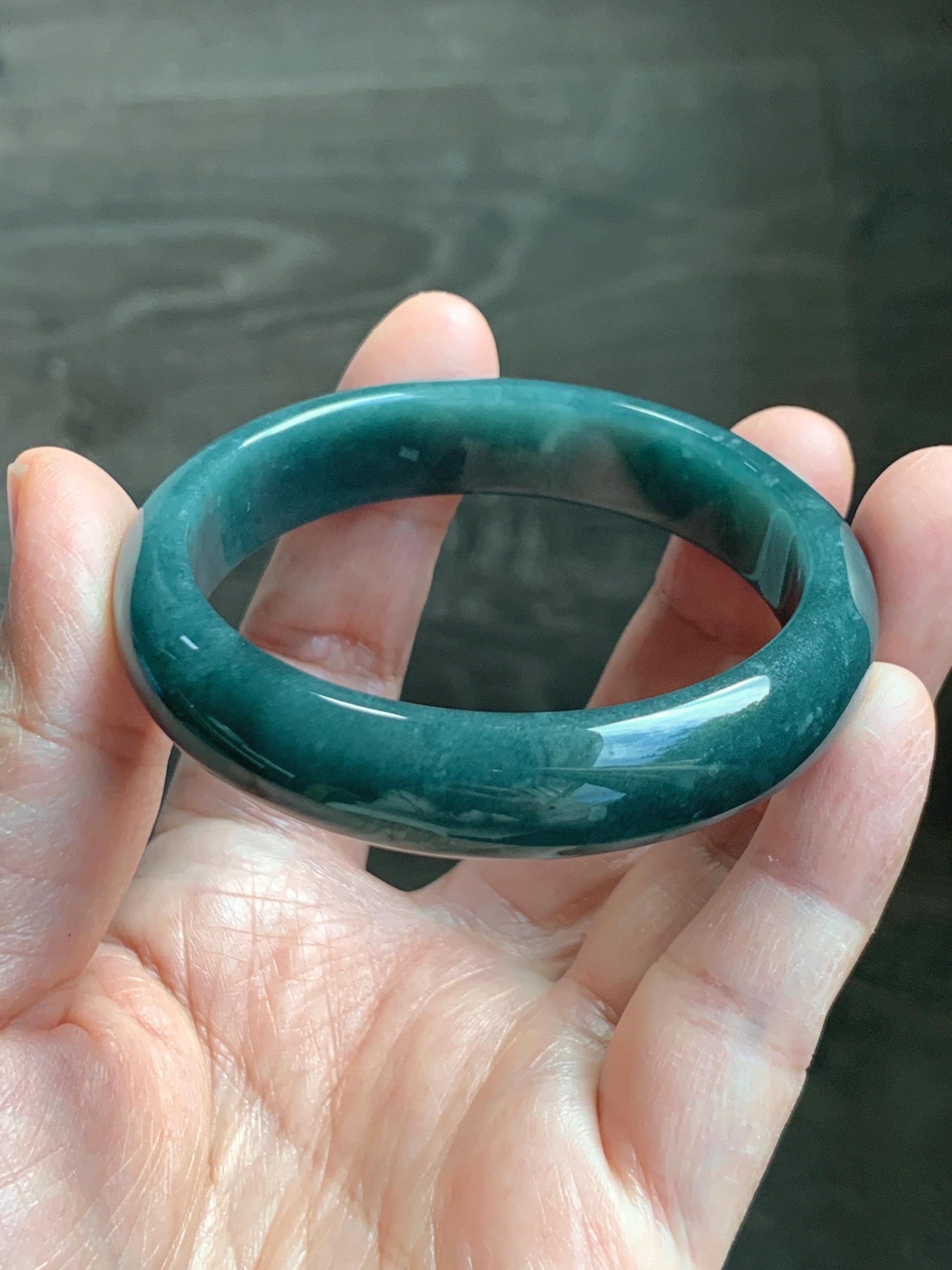 Certified Natural Grade A Guatemalan Icy Translucent Dark Teal Blue Jade Jadeite Wide Bangle 53.45 6.6” 44.5g 天然冰危蓝绿翡翠正圈宽版手镯 1227