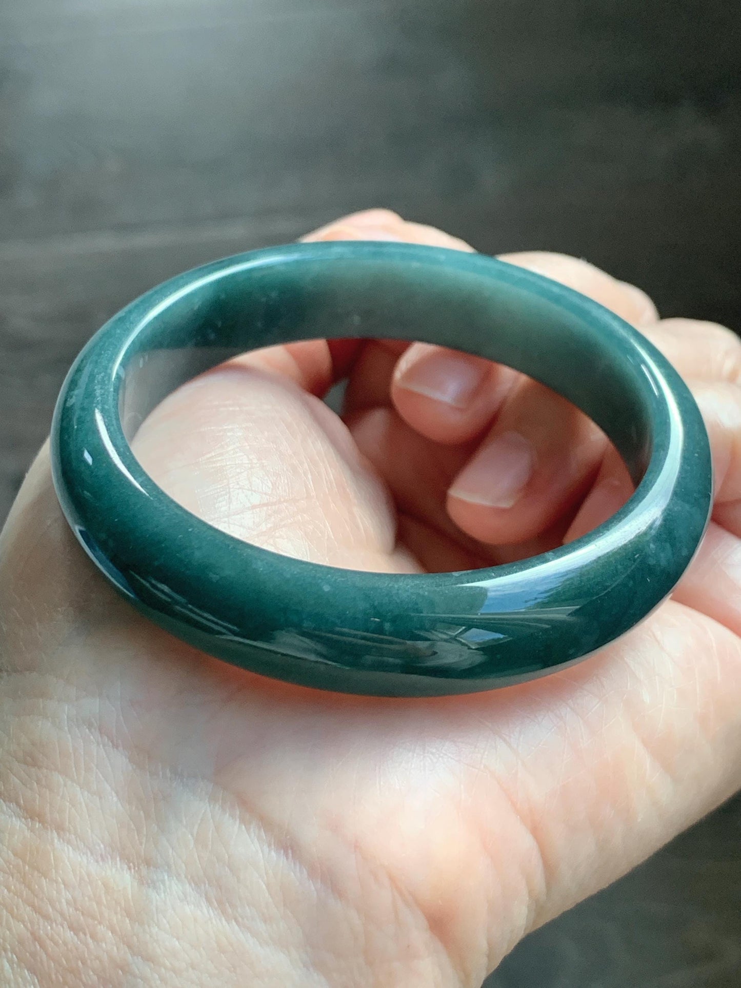 Certified Natural Grade A Guatemalan Icy Translucent Dark Teal Blue Jade Jadeite Wide Bangle 53.45 6.6” 44.5g 天然冰危蓝绿翡翠正圈宽版手镯 1227