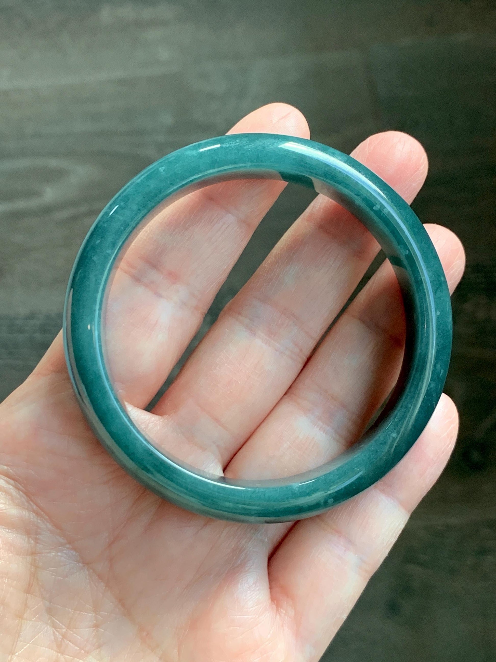 Certified Natural Grade A Guatemalan Icy Translucent Dark Teal Blue Jade Jadeite Wide Bangle 53.45 6.6” 44.5g 天然冰危蓝绿翡翠正圈宽版手镯 1227