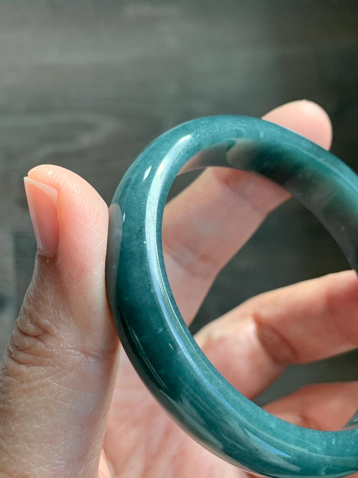 Certified Natural Grade A Guatemalan Icy Translucent Dark Teal Blue Jade Jadeite Wide Bangle 53.45 6.6” 44.5g 天然冰危蓝绿翡翠正圈宽版手镯 1227