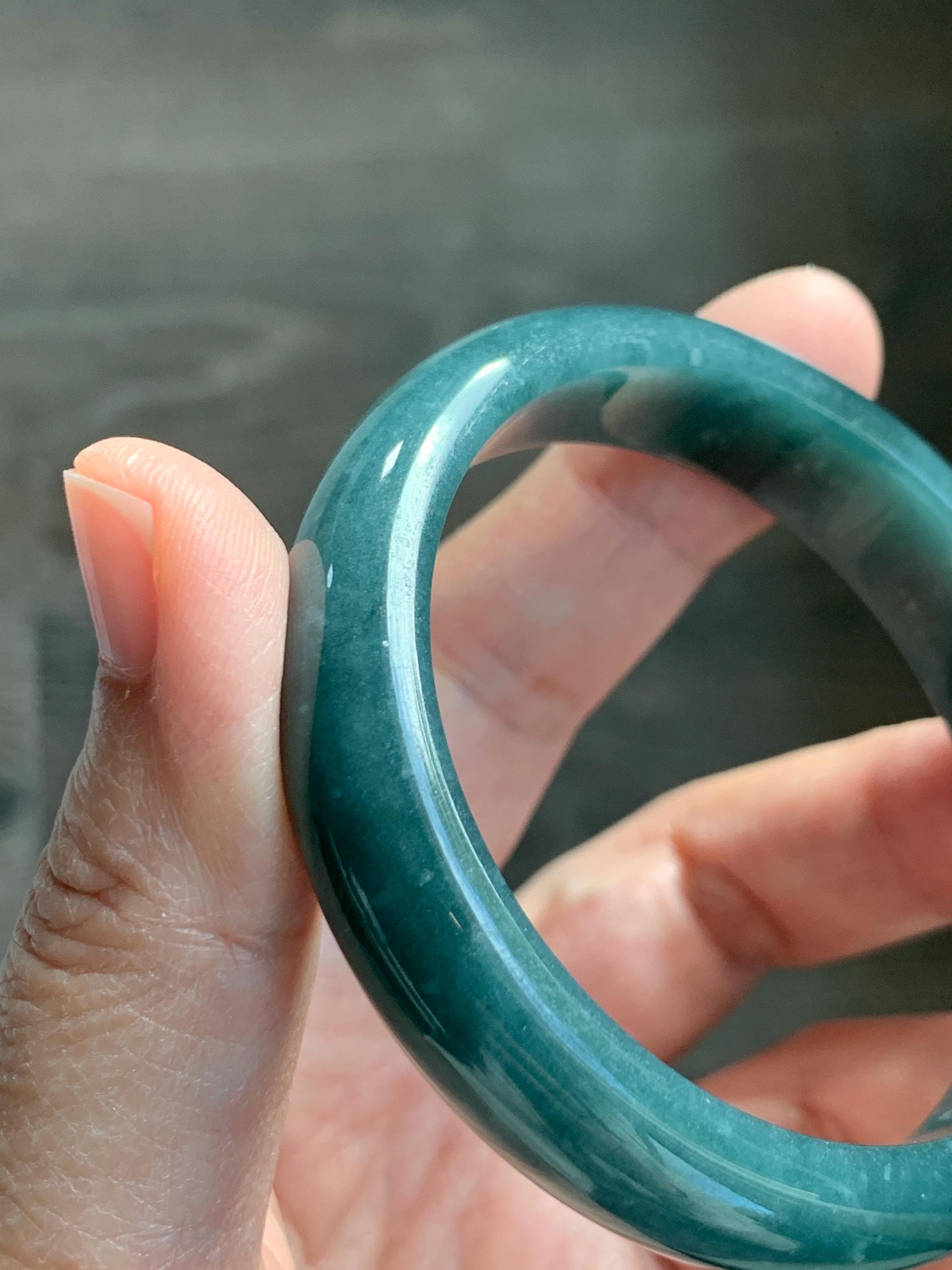 Certified Natural Grade A Guatemalan Icy Translucent Dark Teal Blue Jade Jadeite Wide Bangle 53.45 6.6” 44.5g 天然冰危蓝绿翡翠正圈宽版手镯 1227