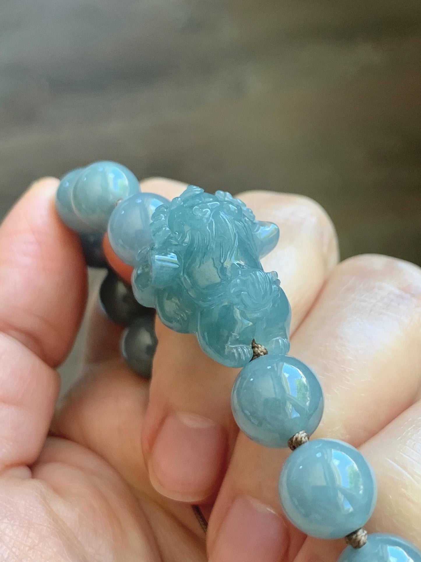Natural Grade A Guatemalan Icy Translucent Dusty Blue Jade Jadeite Dancing Lion Beaded Bracelet 9.6mm 6.5” 30g 天然冰胶危蓝翡翠精工摆烂小醒狮圆珠手串 WXS365