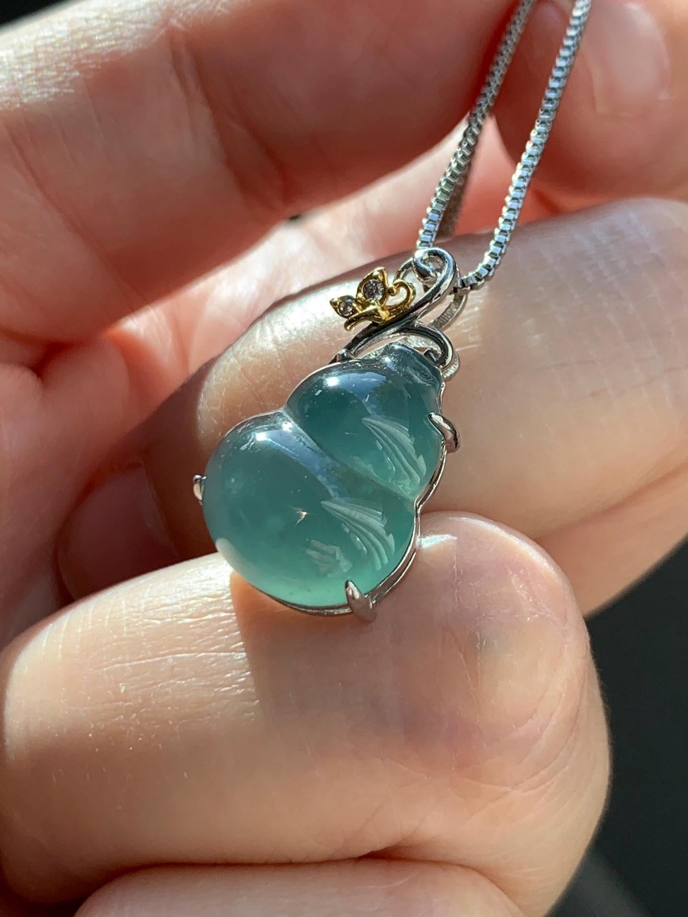 Natural Grade A Guatemalan Icy Translucent Dusty Teal Green Jade Jadeite Gourd Hulu Pendant Sterling Silver 天然冰危暗蓝绿翡翠葫芦吊坠 WHL240A