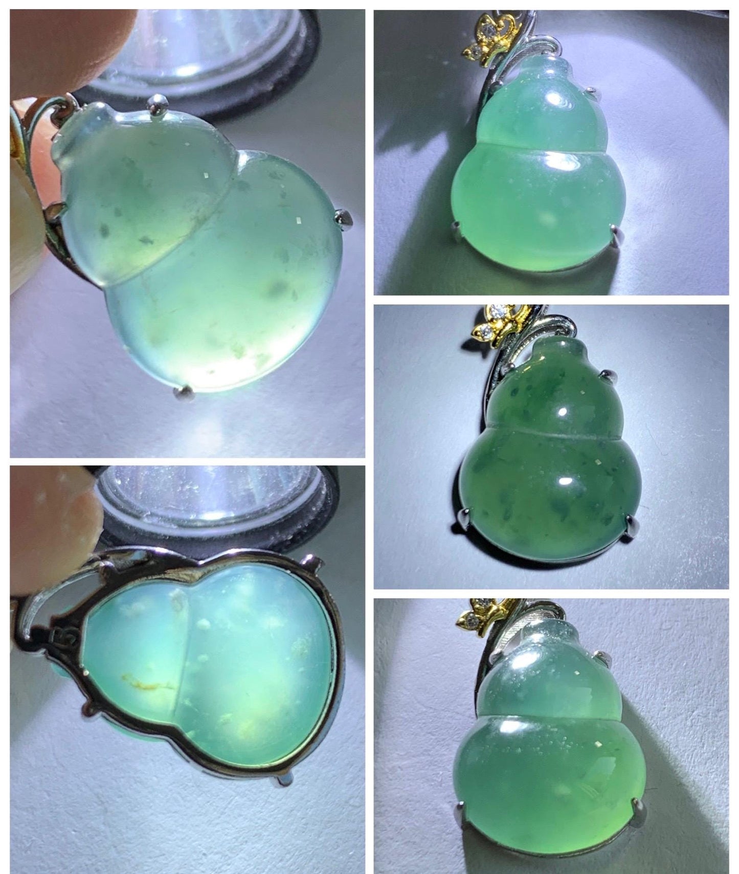 Natural Grade A Guatemalan Icy Translucent Dusty Teal Green Jade Jadeite Gourd Hulu Pendant Sterling Silver 天然冰危暗蓝绿翡翠葫芦吊坠 WHL240A