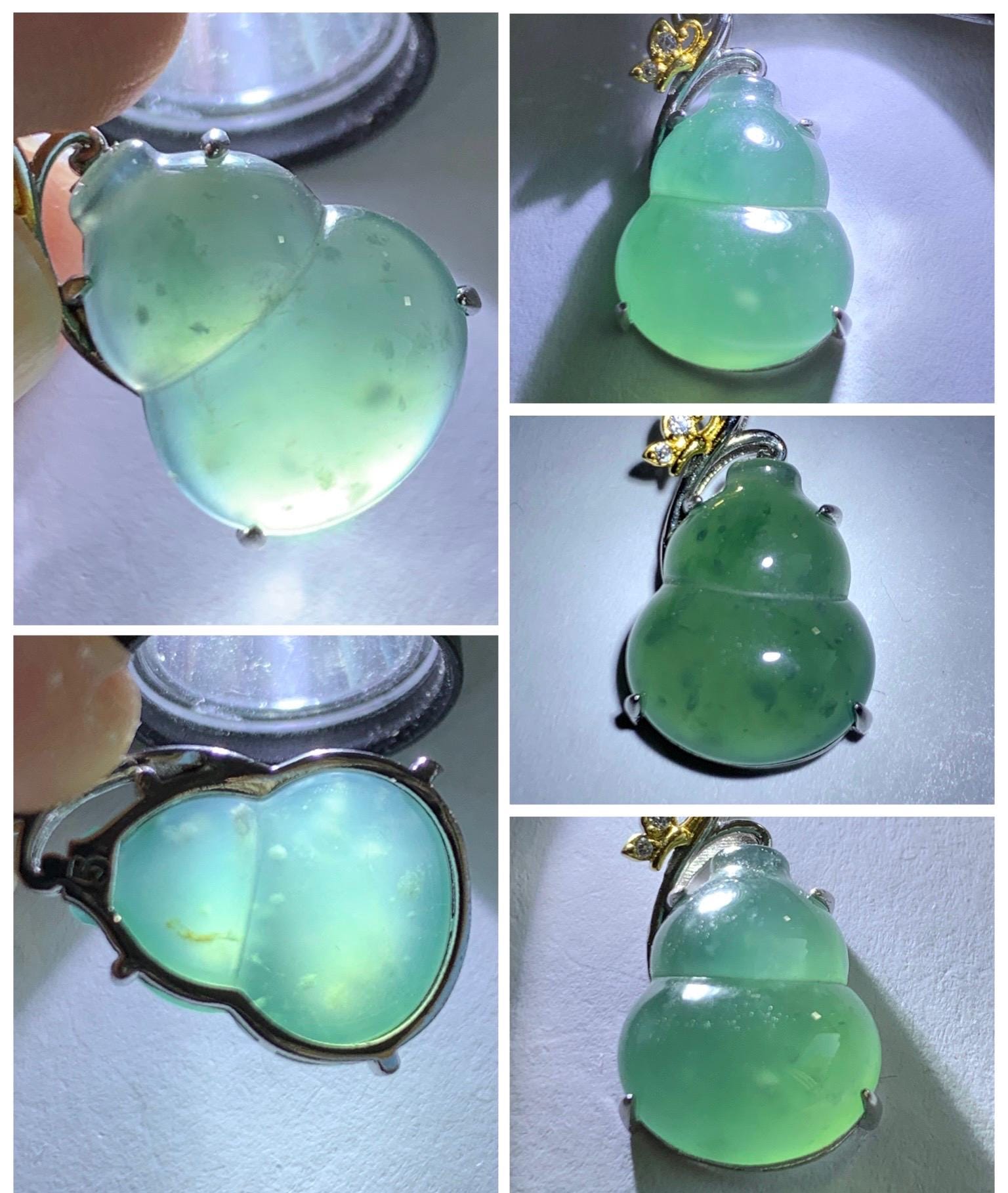 Natural Grade A Guatemalan Icy Translucent Dusty Teal Green Jade Jadeite Gourd Hulu Pendant Sterling Silver 天然冰危暗蓝绿翡翠葫芦吊坠 WHL240A