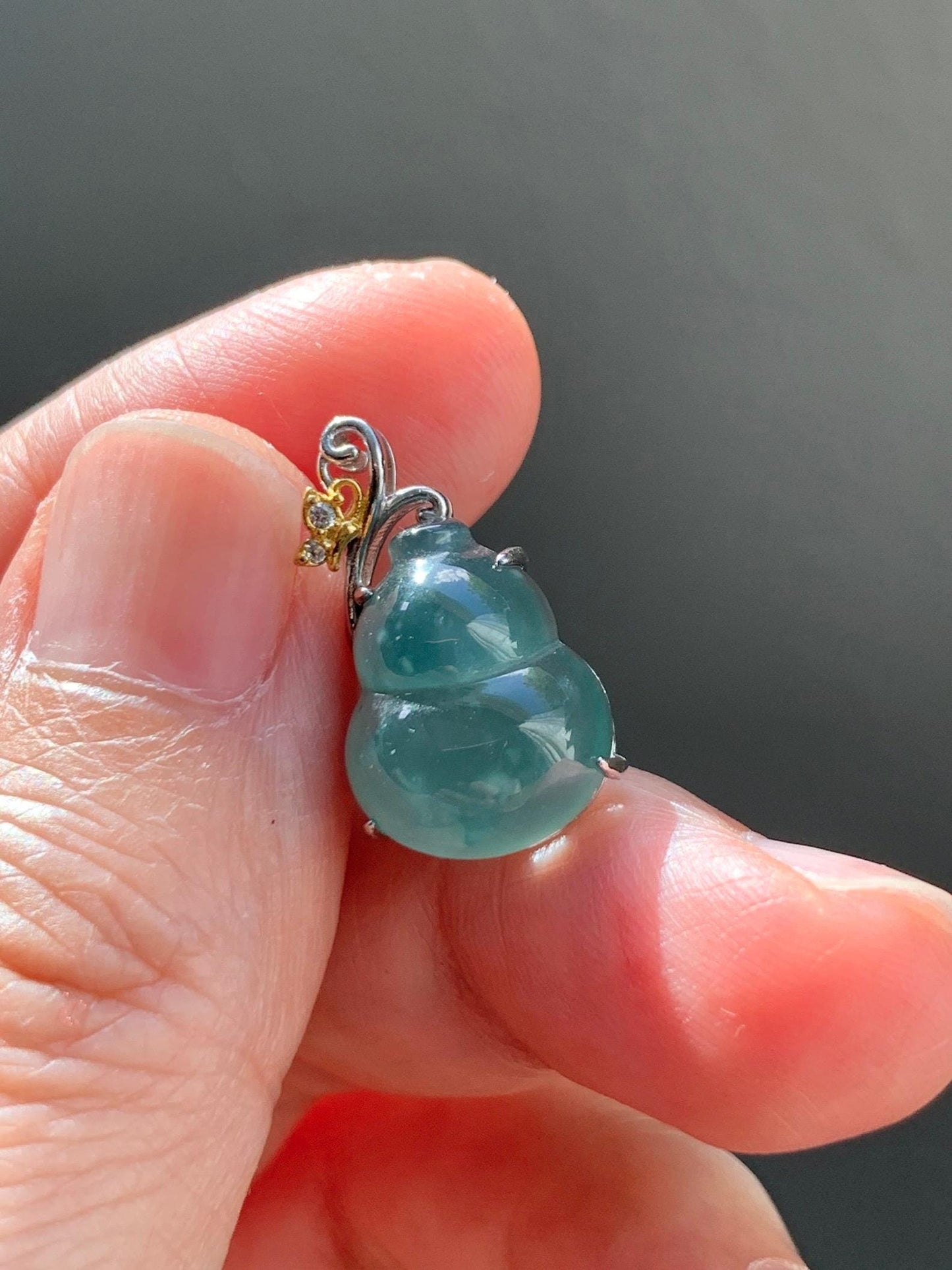 Natural Grade A Guatemalan Icy Translucent Dusty Teal Green Jade Jadeite Gourd Hulu Pendant Sterling Silver 天然冰危暗蓝绿翡翠葫芦吊坠 WHL240A