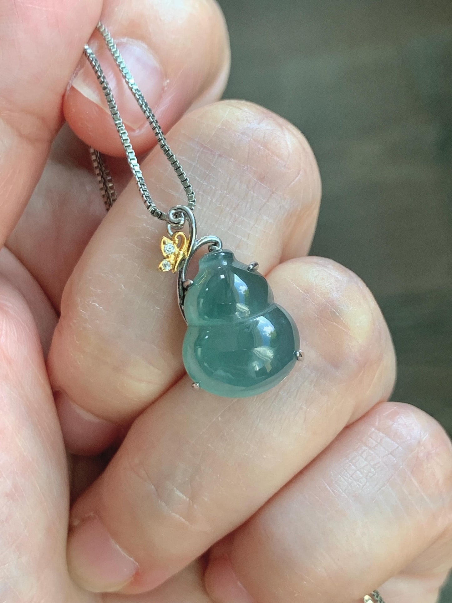Natural Grade A Guatemalan Icy Translucent Dusty Teal Green Jade Jadeite Gourd Hulu Pendant Sterling Silver 天然冰危暗蓝绿翡翠葫芦吊坠 WHL240A