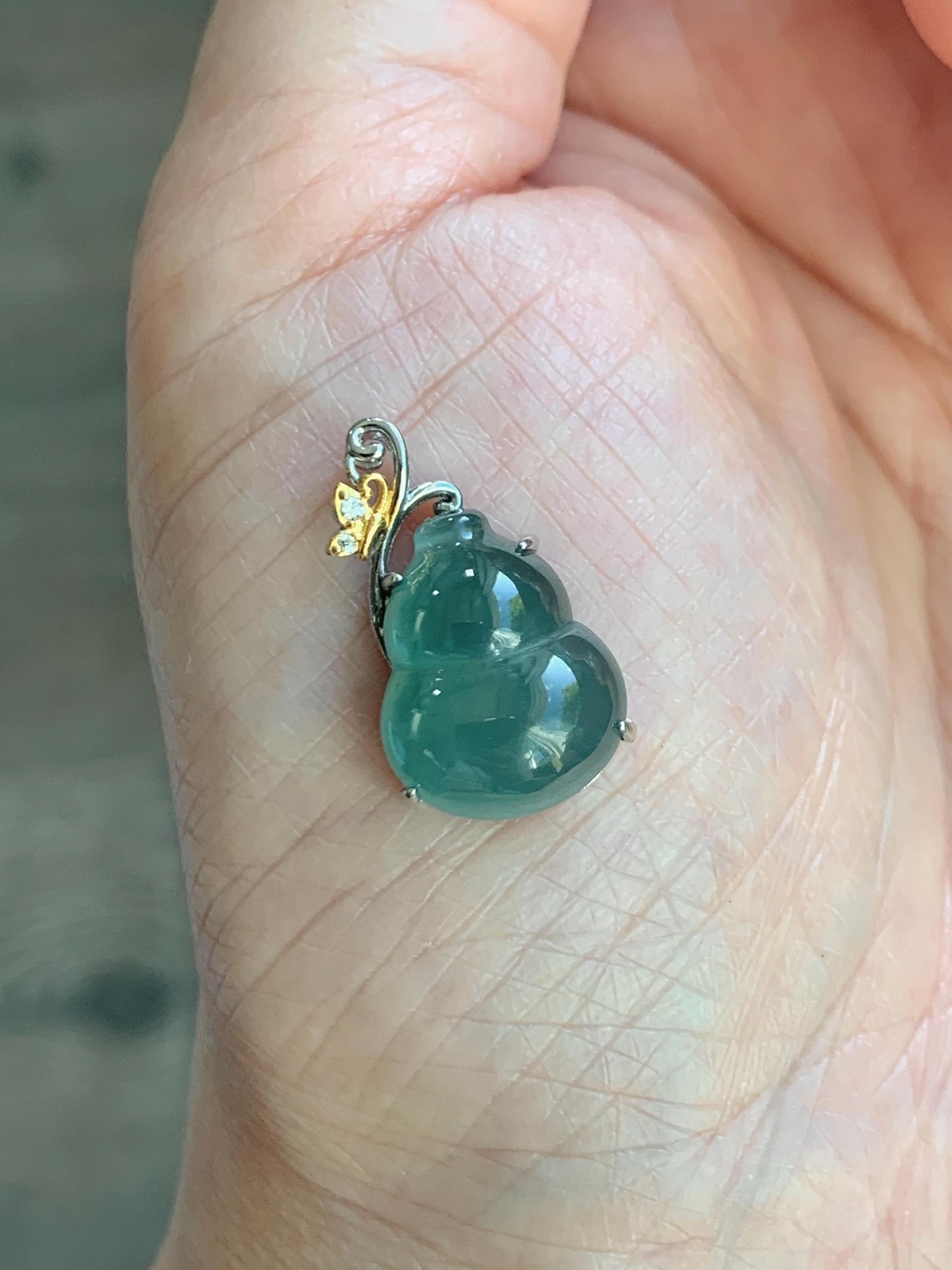Natural Grade A Guatemalan Icy Translucent Dusty Teal Green Jade Jadeite Gourd Hulu Pendant Sterling Silver 天然冰危暗蓝绿翡翠葫芦吊坠 WHL240A