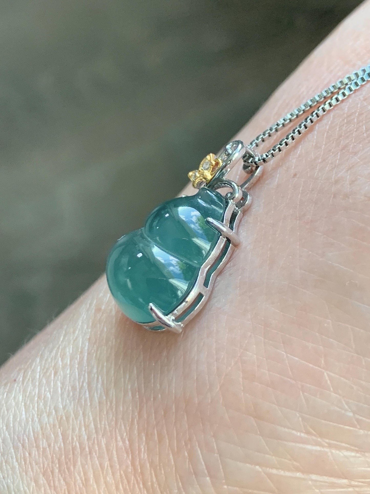 Natural Grade A Guatemalan Icy Translucent Dusty Teal Green Jade Jadeite Gourd Hulu Pendant Sterling Silver 天然冰危暗蓝绿翡翠葫芦吊坠 WHL240A