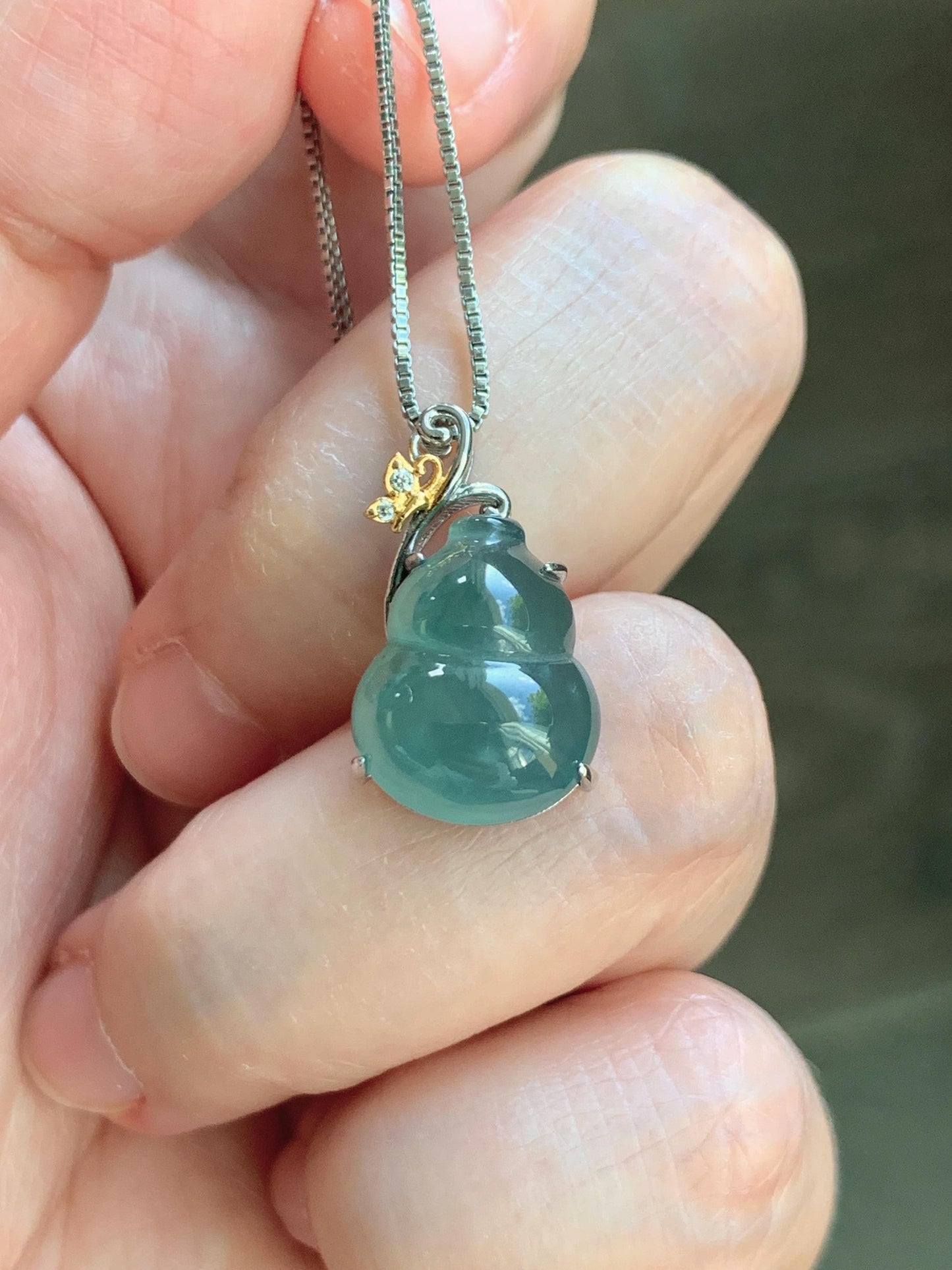 Natural Grade A Guatemalan Icy Translucent Dusty Teal Green Jade Jadeite Gourd Hulu Pendant Sterling Silver 天然冰危暗蓝绿翡翠葫芦吊坠 WHL240A