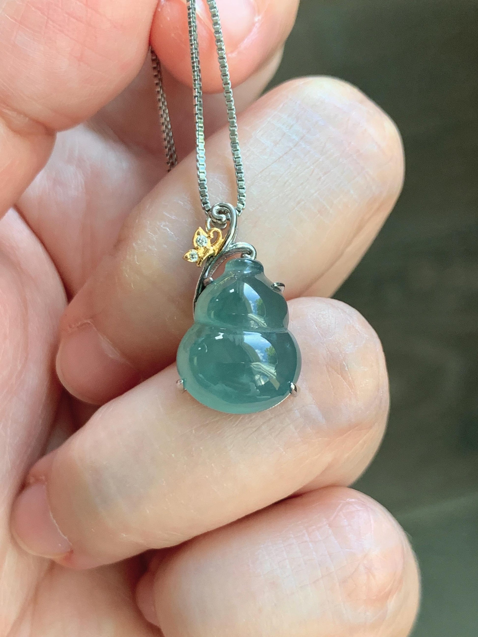 Natural Grade A Guatemalan Icy Translucent Dusty Teal Green Jade Jadeite Gourd Hulu Pendant Sterling Silver 天然冰危暗蓝绿翡翠葫芦吊坠 WHL240A