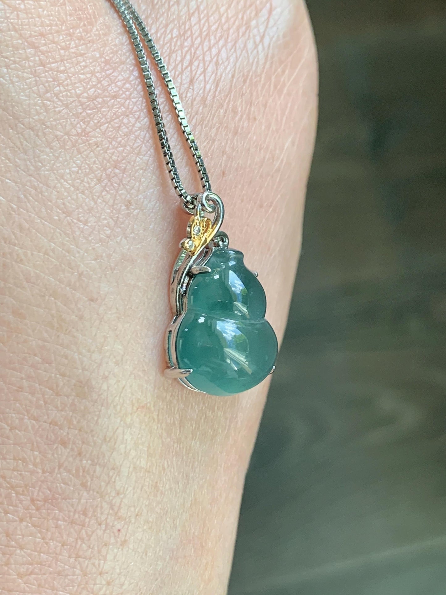 Natural Grade A Guatemalan Icy Translucent Dusty Teal Green Jade Jadeite Gourd Hulu Pendant Sterling Silver 天然冰危暗蓝绿翡翠葫芦吊坠 WHL240A