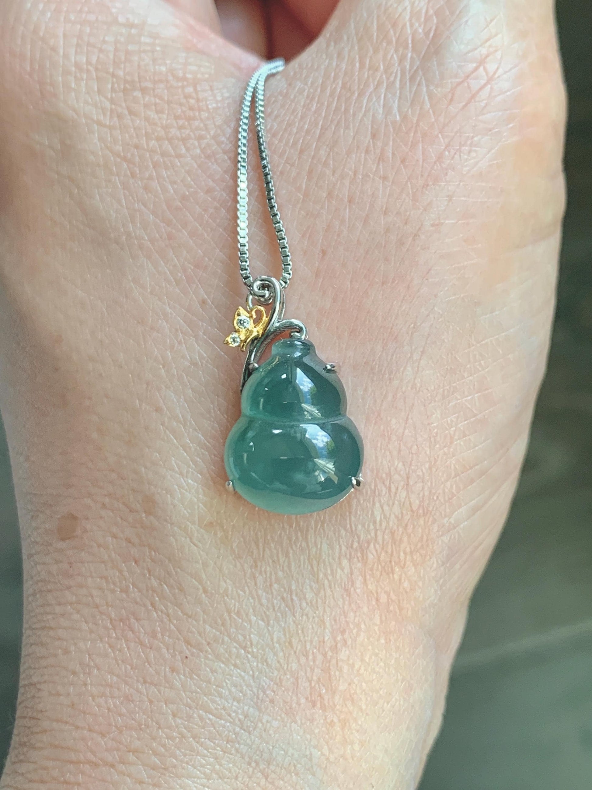 Natural Grade A Guatemalan Icy Translucent Dusty Teal Green Jade Jadeite Gourd Hulu Pendant Sterling Silver 天然冰危暗蓝绿翡翠葫芦吊坠 WHL240A