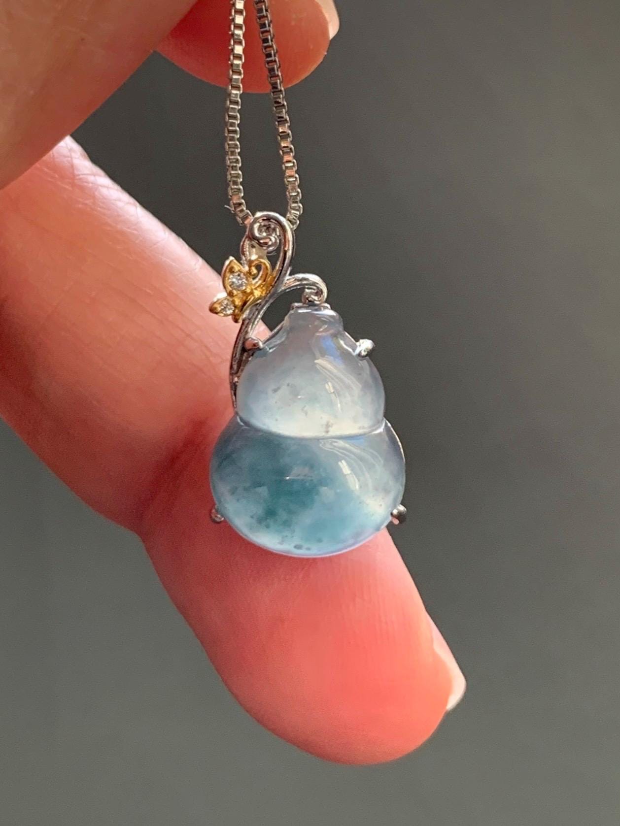 Natural Grade A Guatemalan Icy Highly Translucent Dusty Teal Blue Jade Jadeite Gourd Hulu Pendant Sterling Silver 天然冰危浅蓝绿翡翠葫芦吊坠 WHL240B