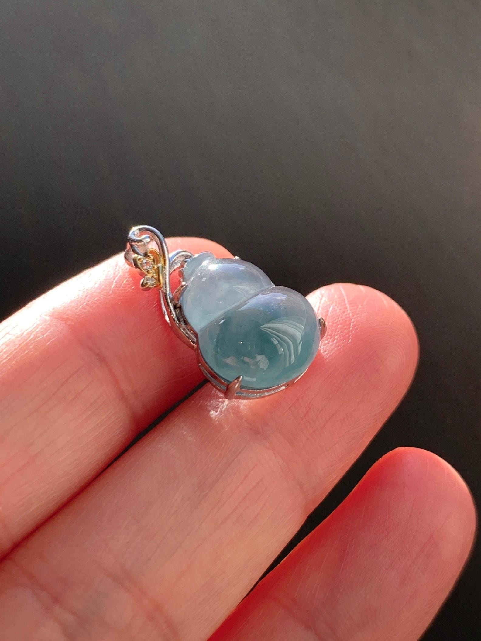 Natural Grade A Guatemalan Icy Highly Translucent Dusty Teal Blue Jade Jadeite Gourd Hulu Pendant Sterling Silver 天然冰危浅蓝绿翡翠葫芦吊坠 WHL240B