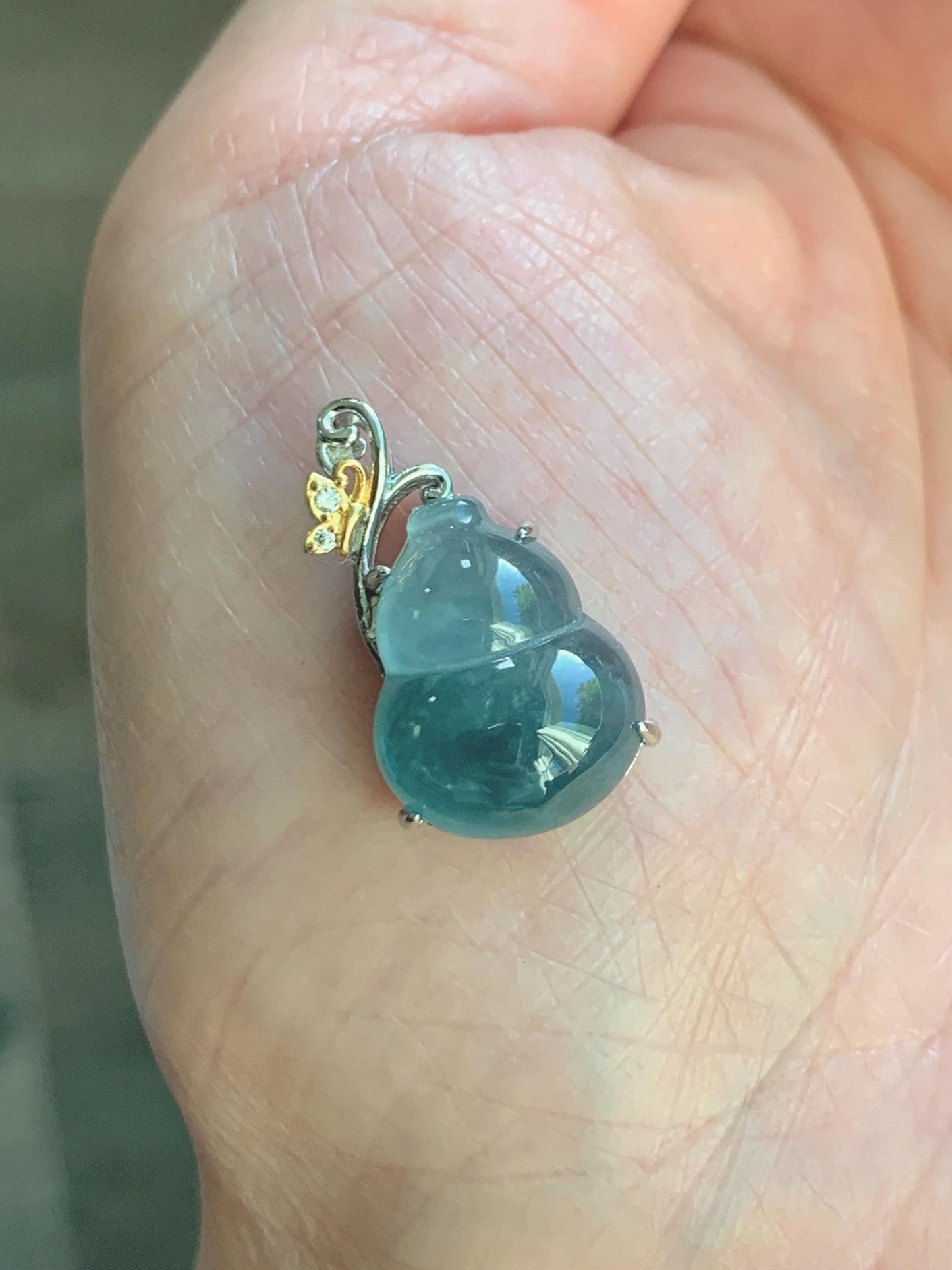 Natural Grade A Guatemalan Icy Highly Translucent Dusty Teal Blue Jade Jadeite Gourd Hulu Pendant Sterling Silver 天然冰危浅蓝绿翡翠葫芦吊坠 WHL240B