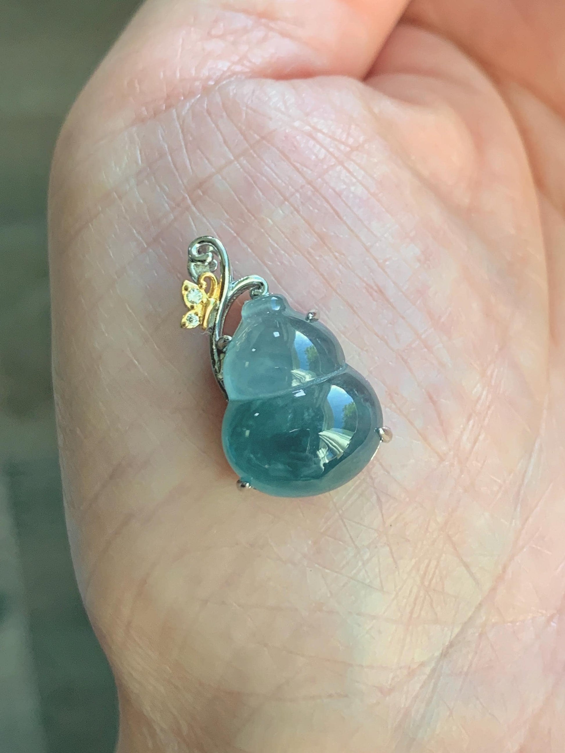 Natural Grade A Guatemalan Icy Highly Translucent Dusty Teal Blue Jade Jadeite Gourd Hulu Pendant Sterling Silver 天然冰危浅蓝绿翡翠葫芦吊坠 WHL240B