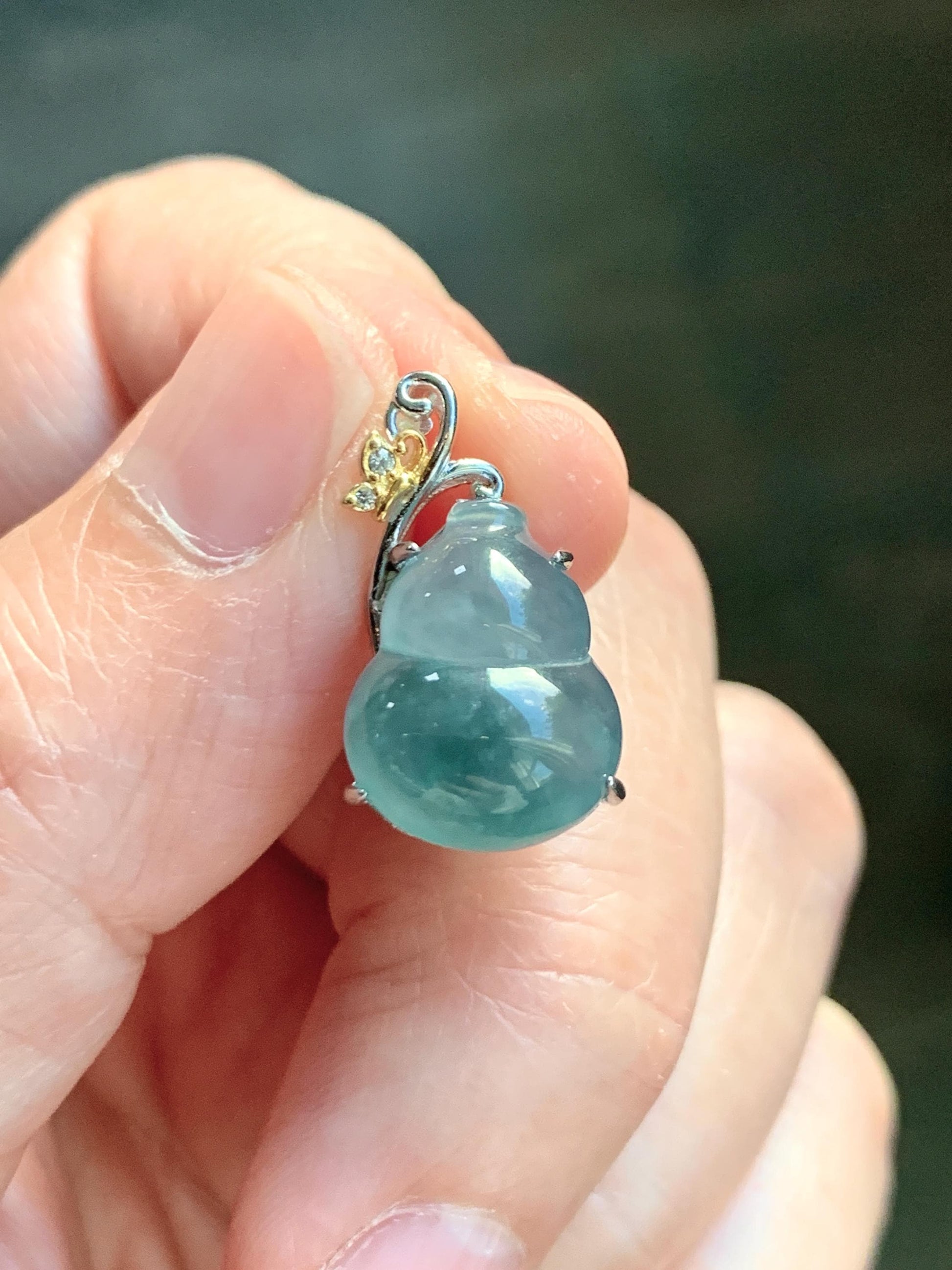Natural Grade A Guatemalan Icy Highly Translucent Dusty Teal Blue Jade Jadeite Gourd Hulu Pendant Sterling Silver 天然冰危浅蓝绿翡翠葫芦吊坠 WHL240B