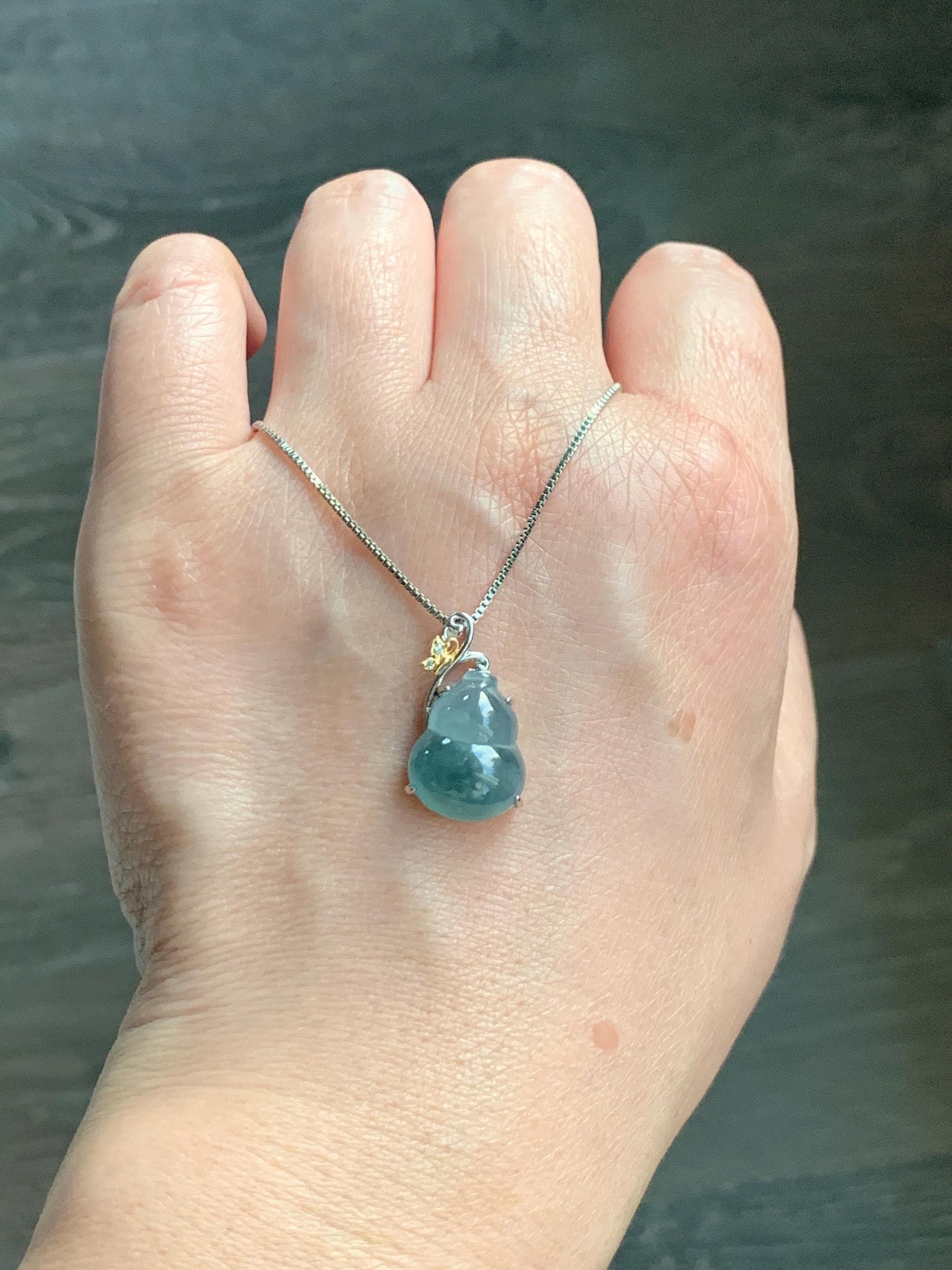 Natural Grade A Guatemalan Icy Highly Translucent Dusty Teal Blue Jade Jadeite Gourd Hulu Pendant Sterling Silver 天然冰危浅蓝绿翡翠葫芦吊坠 WHL240B