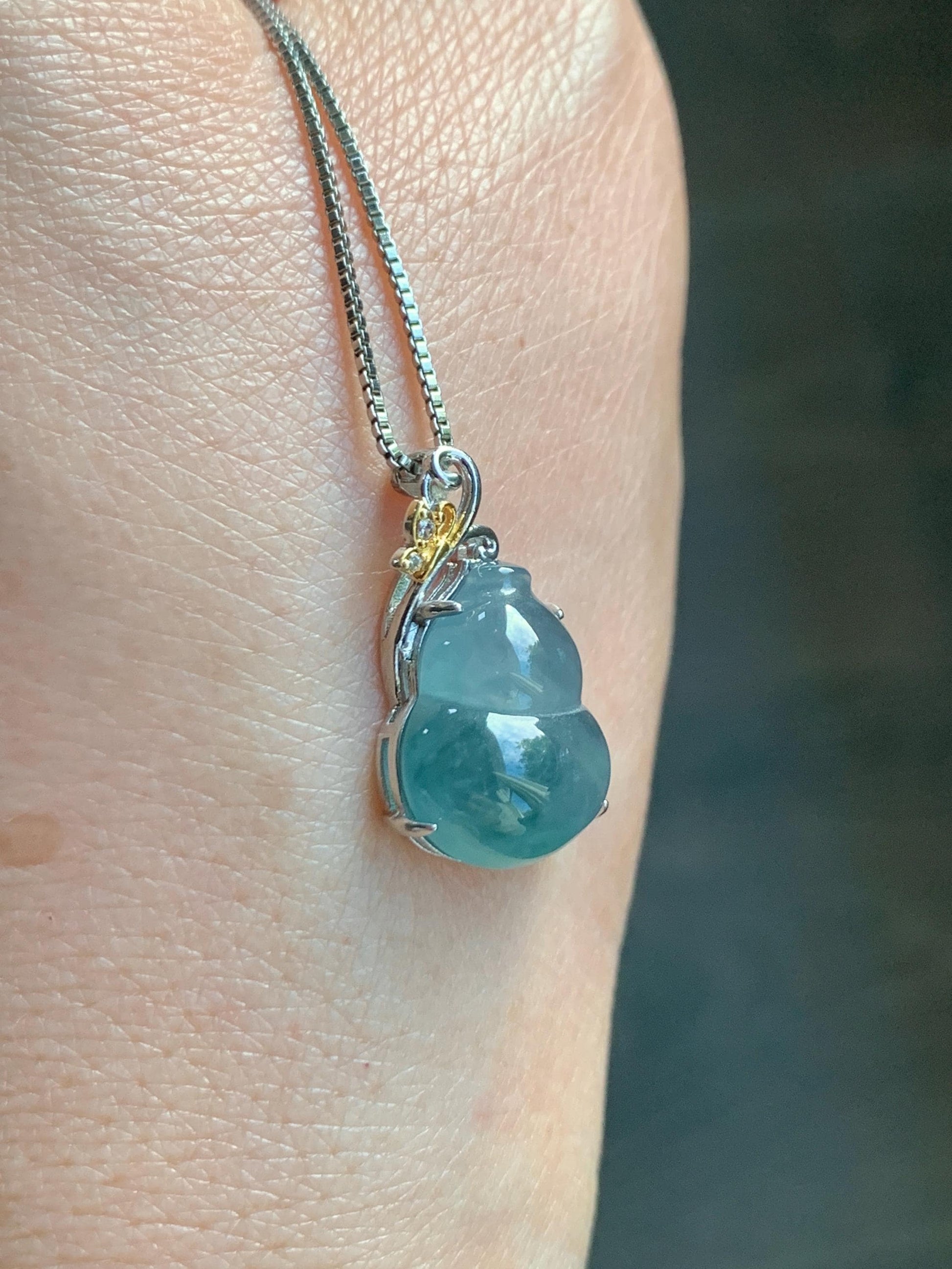 Natural Grade A Guatemalan Icy Highly Translucent Dusty Teal Blue Jade Jadeite Gourd Hulu Pendant Sterling Silver 天然冰危浅蓝绿翡翠葫芦吊坠 WHL240B