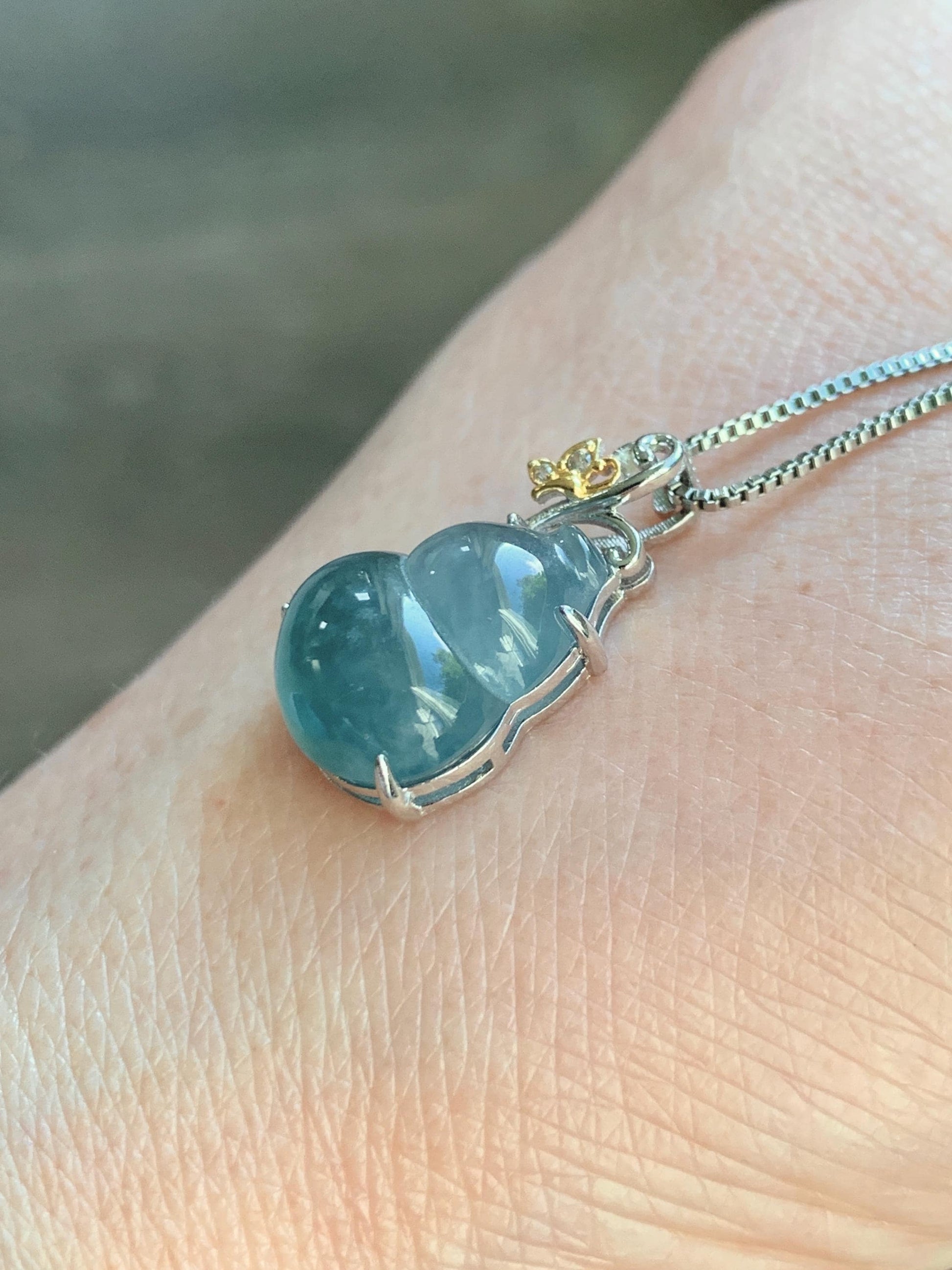 Natural Grade A Guatemalan Icy Highly Translucent Dusty Teal Blue Jade Jadeite Gourd Hulu Pendant Sterling Silver 天然冰危浅蓝绿翡翠葫芦吊坠 WHL240B