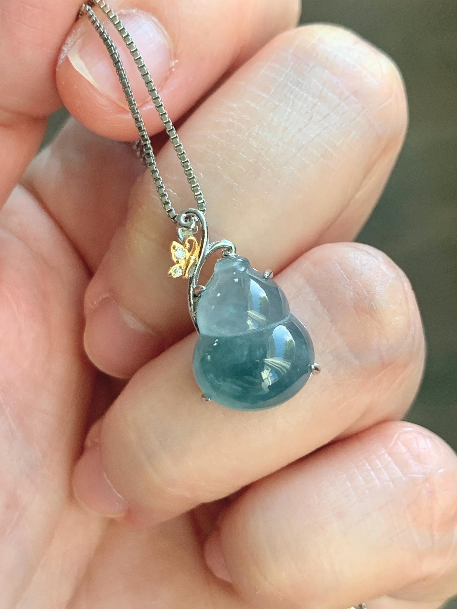 Natural Grade A Guatemalan Icy Highly Translucent Dusty Teal Blue Jade Jadeite Gourd Hulu Pendant Sterling Silver 天然冰危浅蓝绿翡翠葫芦吊坠 WHL240B