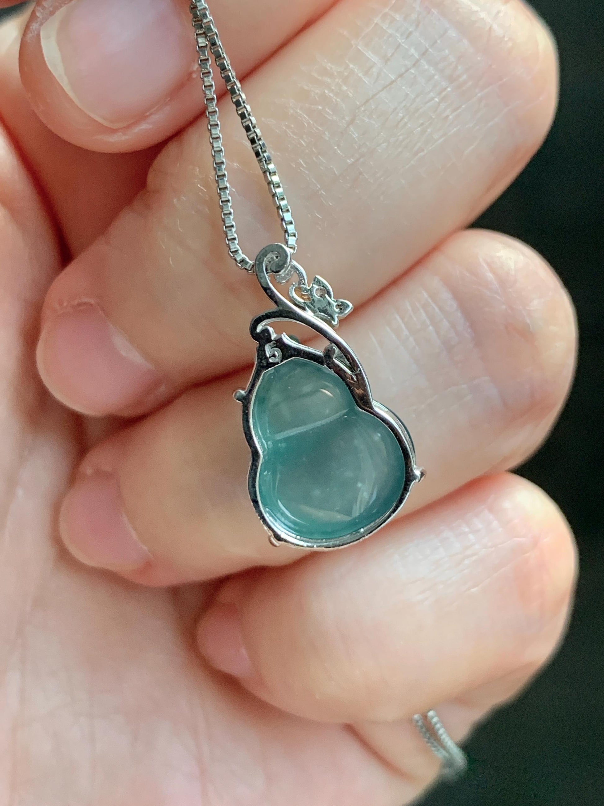 Natural Grade A Guatemalan Icy Translucent Light Dusty Teal Green Jade Jadeite Gourd Hulu Pendant Sterling Silver 天然冰危暗蓝绿翡翠葫芦吊坠 WHL240C