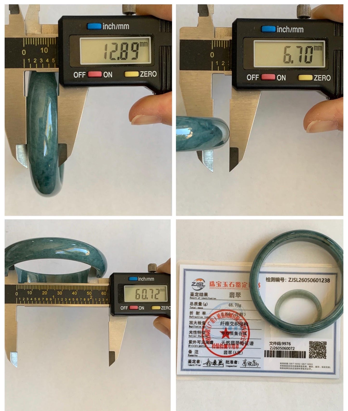 Certified Natural Grade A Guatemalan Icy Translucent Dusty Blue Jade Jadeite Wide Bangle Bracelet 60.7mm 7.5" 48.7g 天然危蓝糯种翡翠正圈手镯 1238